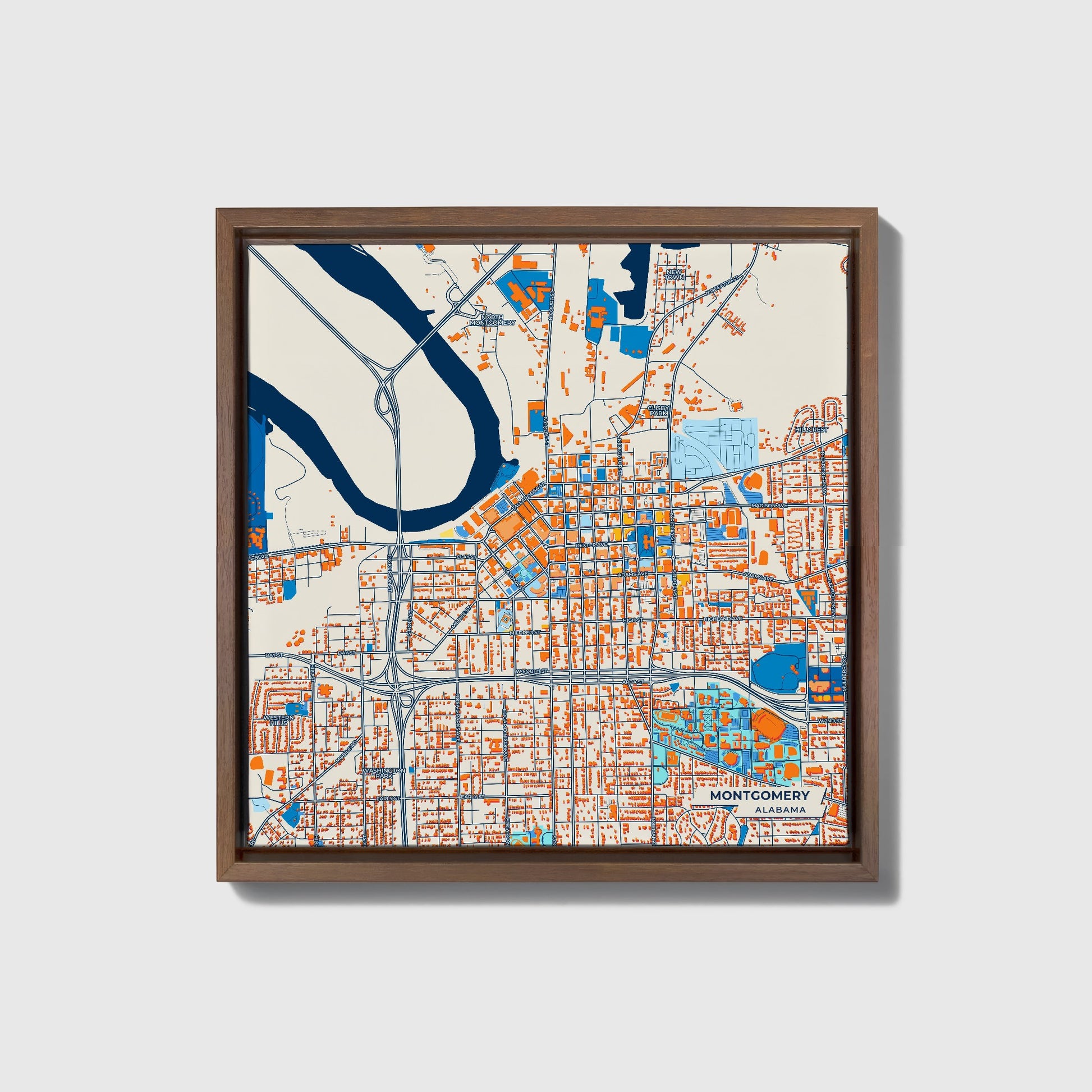 Montgomery Alabama Colorful City Map Canvas Print • Dark Wooden Framed