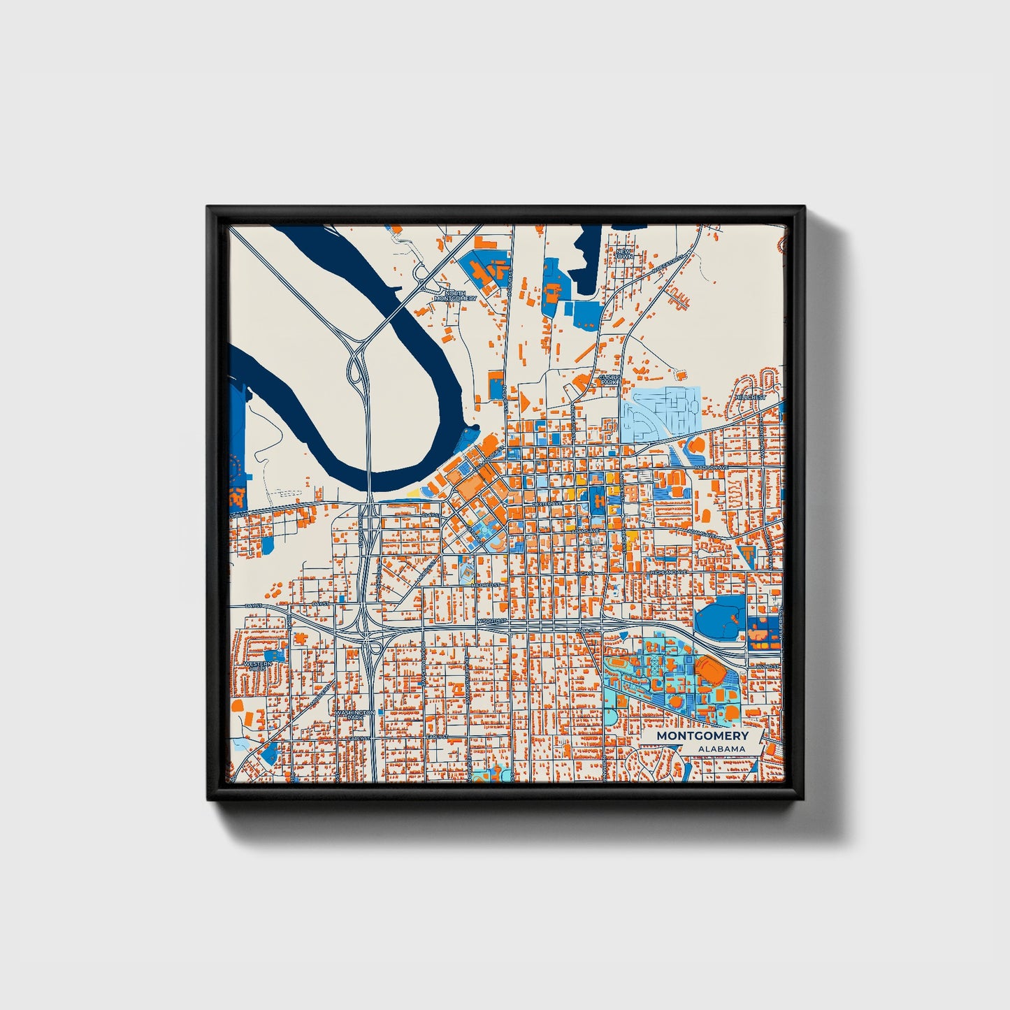 Montgomery Alabama Colorful City Map Canvas Print • Black Framed