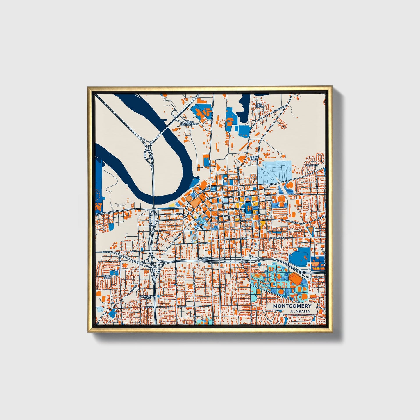 Montgomery Alabama Colorful City Map Canvas Print • Gold Framed