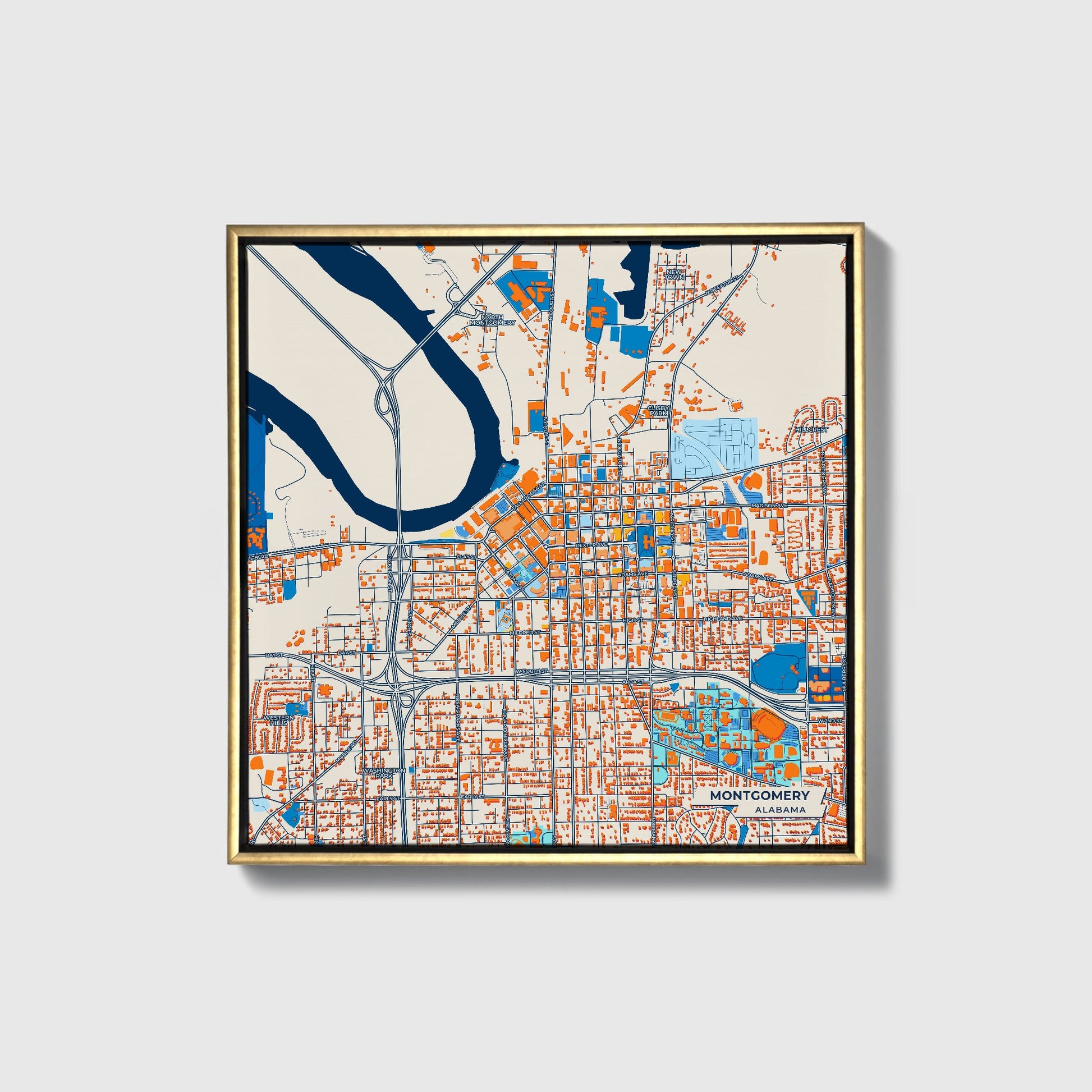 Montgomery Alabama Colorful City Map Canvas Print • Gold Framed