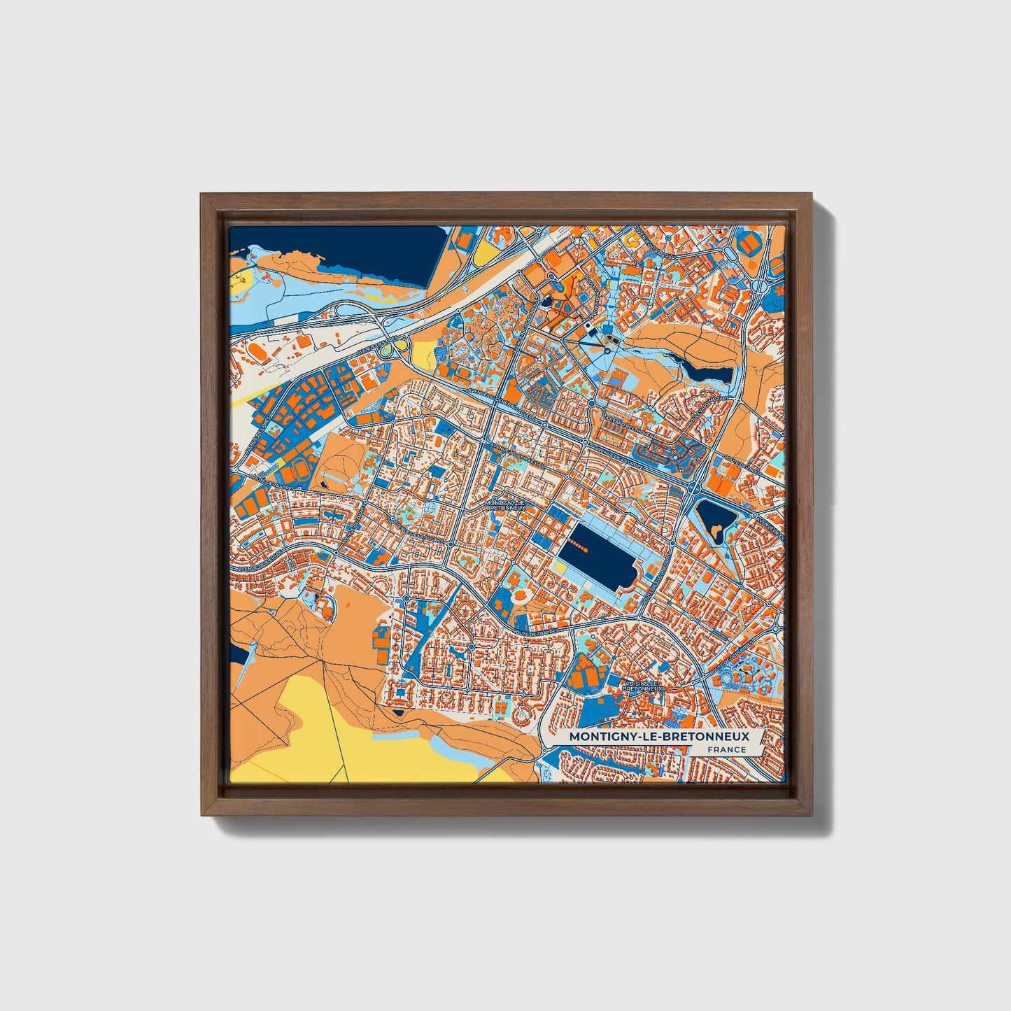 Montigny-Le-Bretonneux France Colorful City Map Canvas Print • Dark Wooden Framed