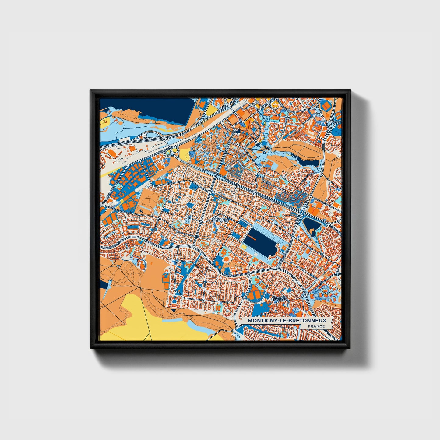 Montigny-Le-Bretonneux France Colorful City Map Canvas Print • Black Framed