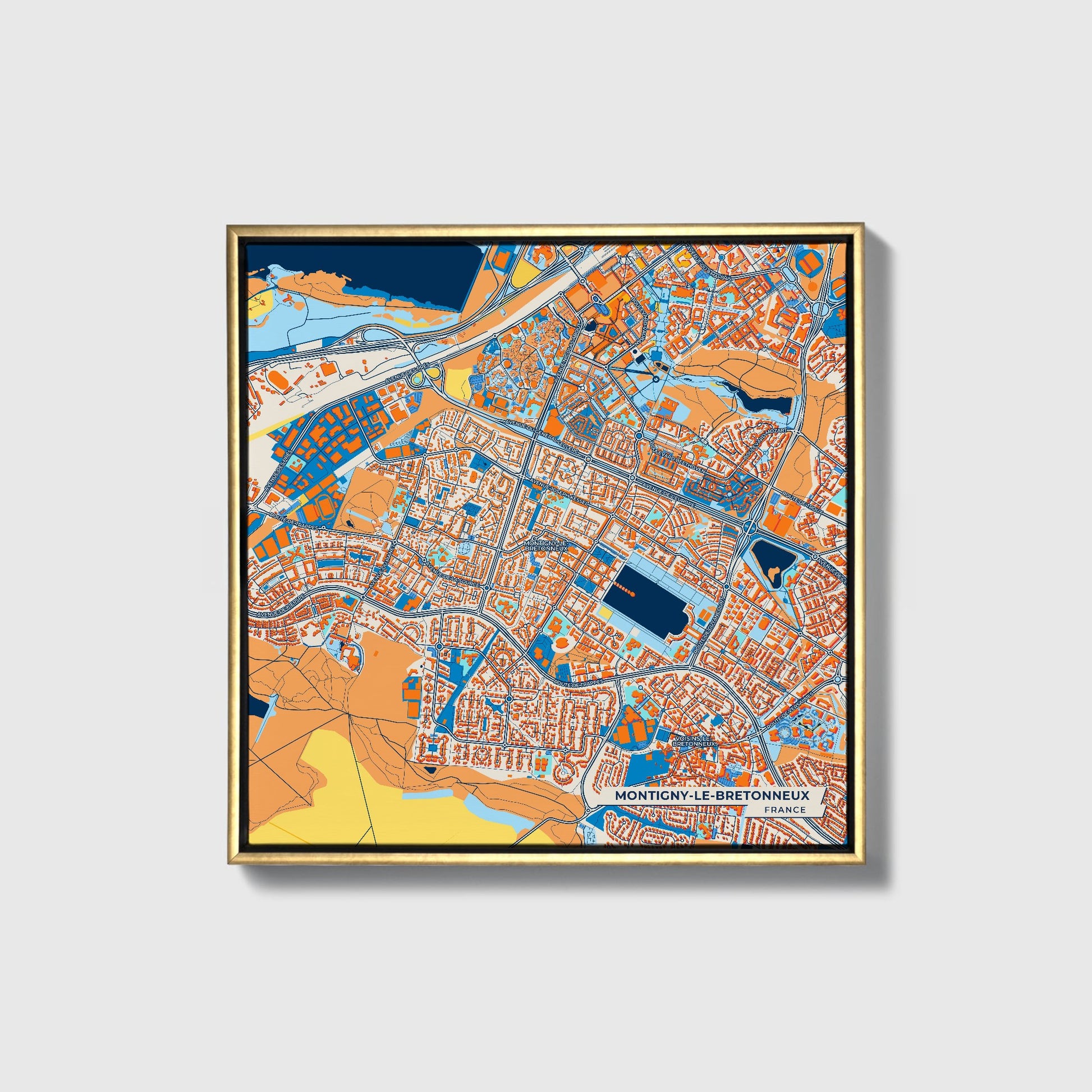Montigny-Le-Bretonneux France Colorful City Map Canvas Print • Gold Framed