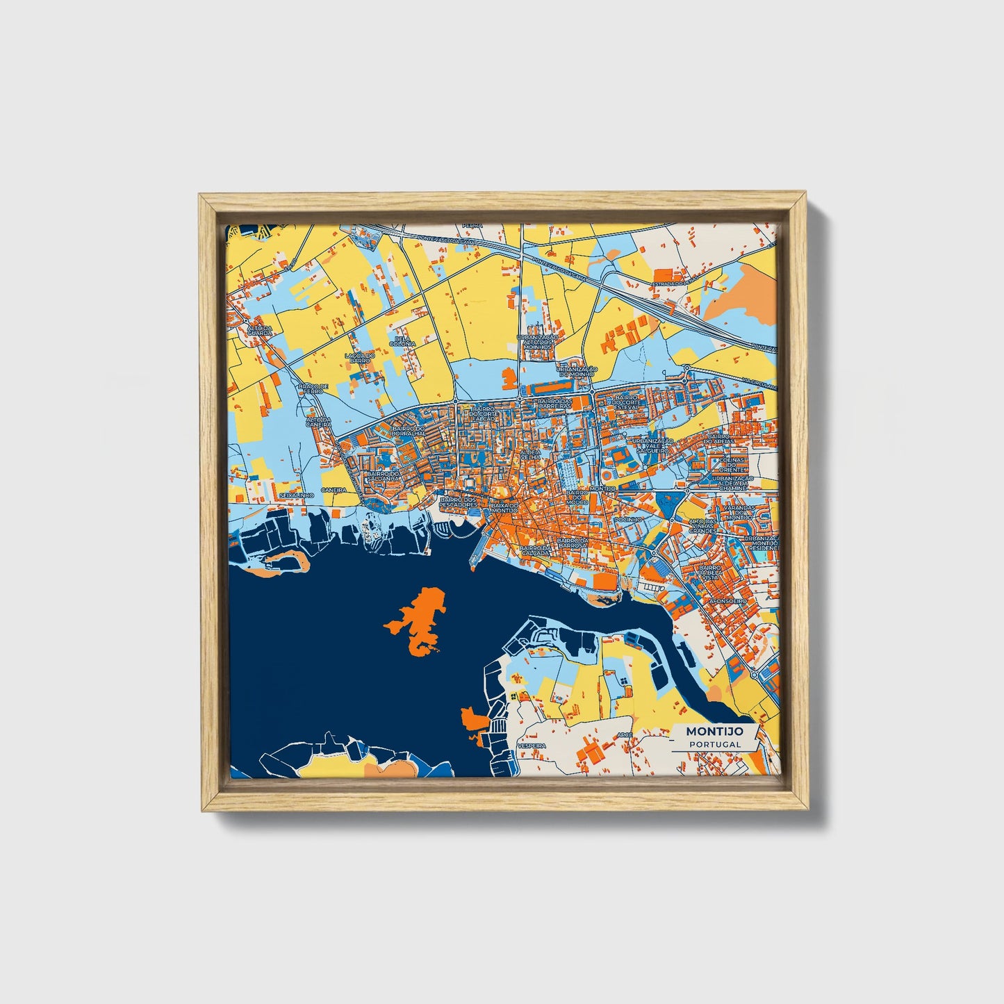 Montijo Portugal Colorful City Map Canvas Print • Natural Wooden Framed