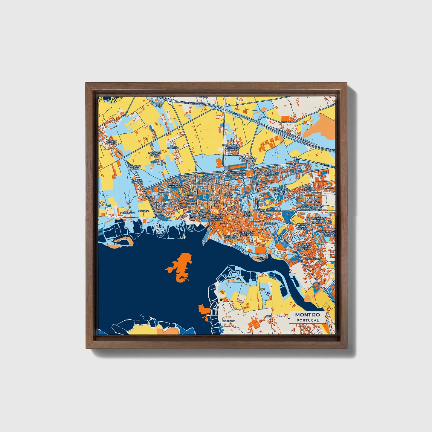 Montijo Portugal Colorful City Map Canvas Print • Dark Wooden Framed