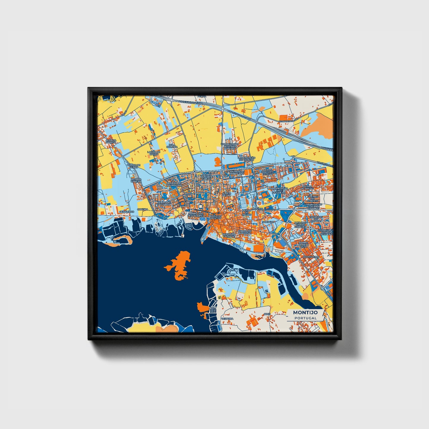 Montijo Portugal Colorful City Map Canvas Print • Black Framed