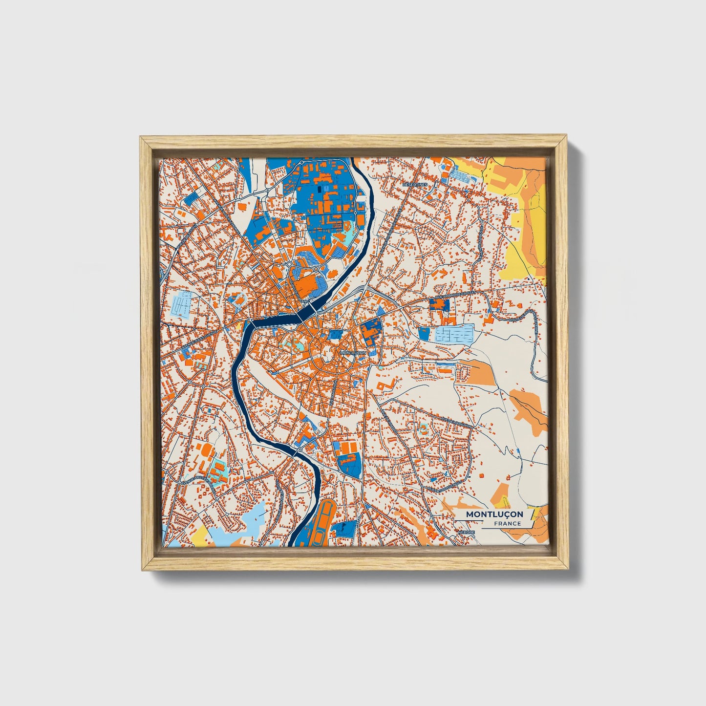 Montluçon France Colorful City Map Canvas Print • Natural Wooden Framed