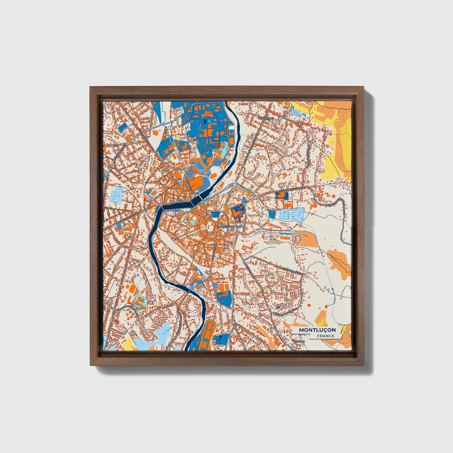 Montluçon France Colorful City Map Canvas Print • Dark Wooden Framed