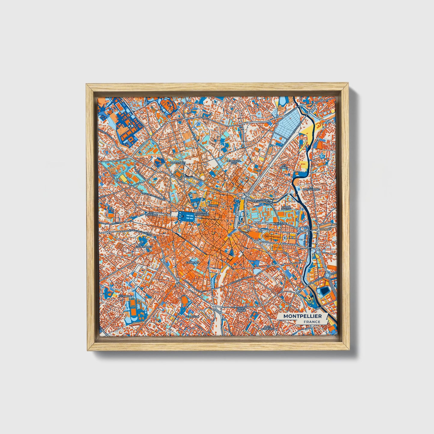 Montpellier France Colorful City Map Canvas Print • Natural Wooden Framed