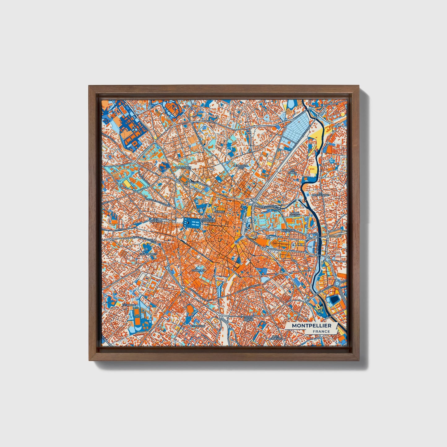 Montpellier France Colorful City Map Canvas Print • Dark Wooden Framed