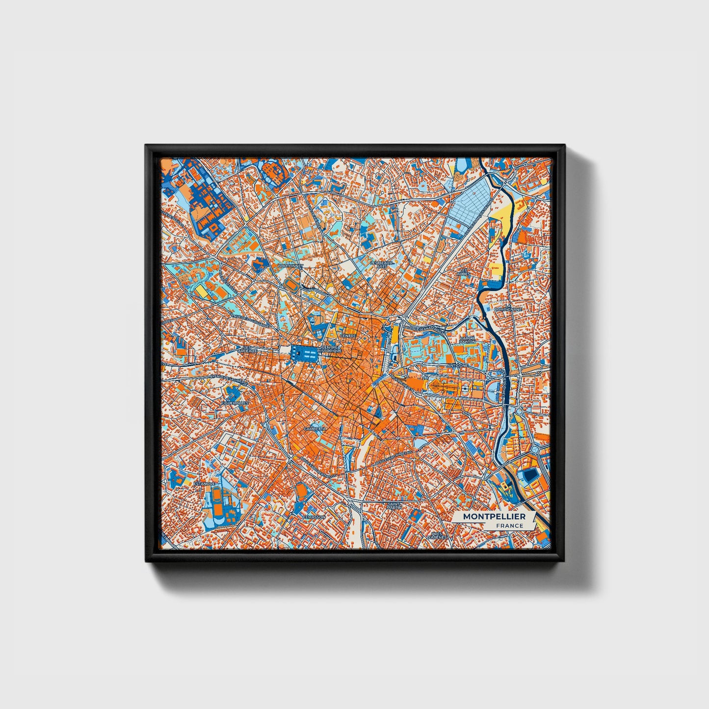 Montpellier France Colorful City Map Canvas Print • Black Framed