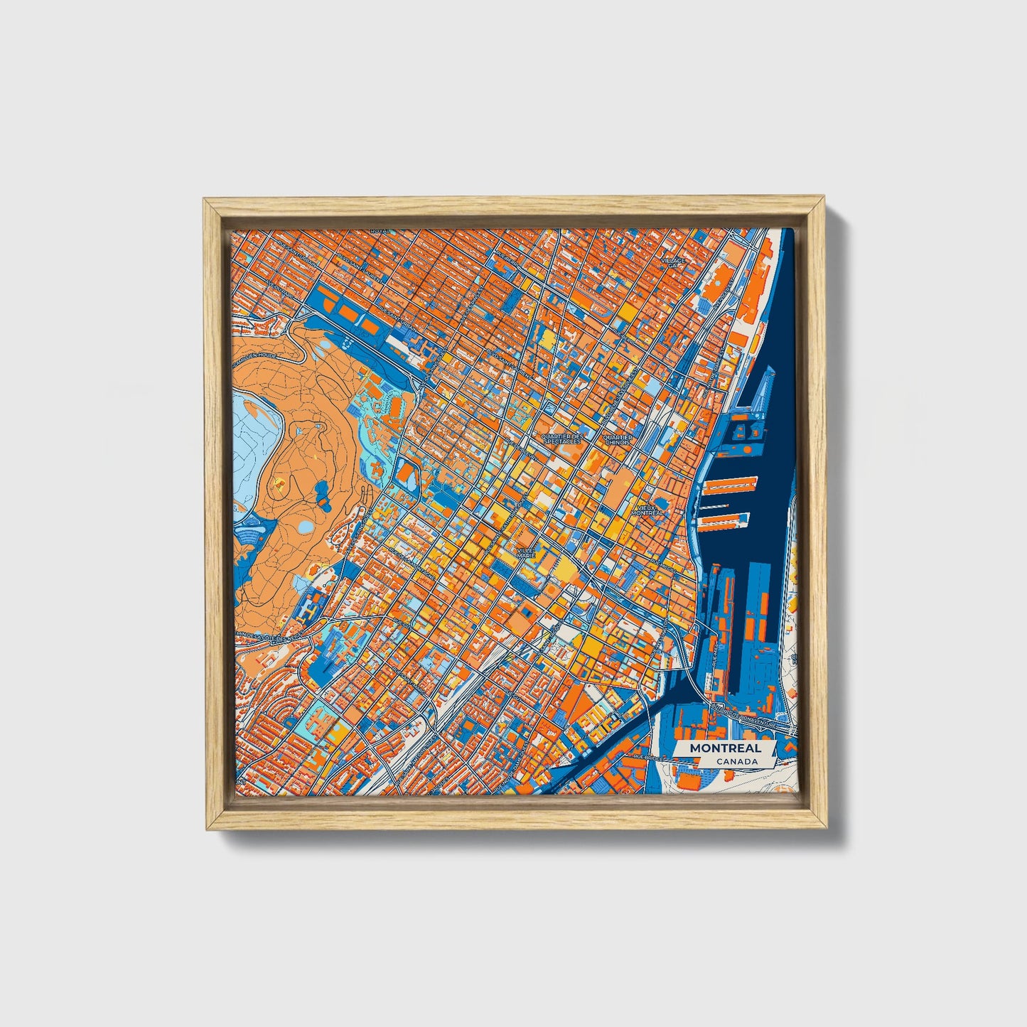Montreal Canada Colorful City Map Canvas Print • Natural Wooden Framed