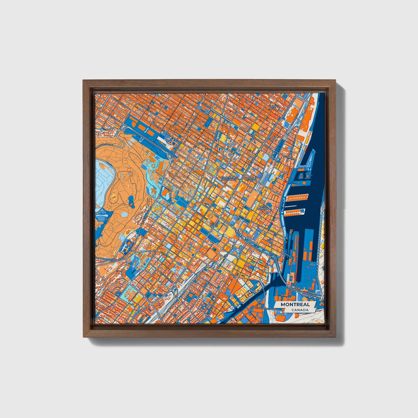 Montreal Canada Colorful City Map Canvas Print • Dark Wooden Framed