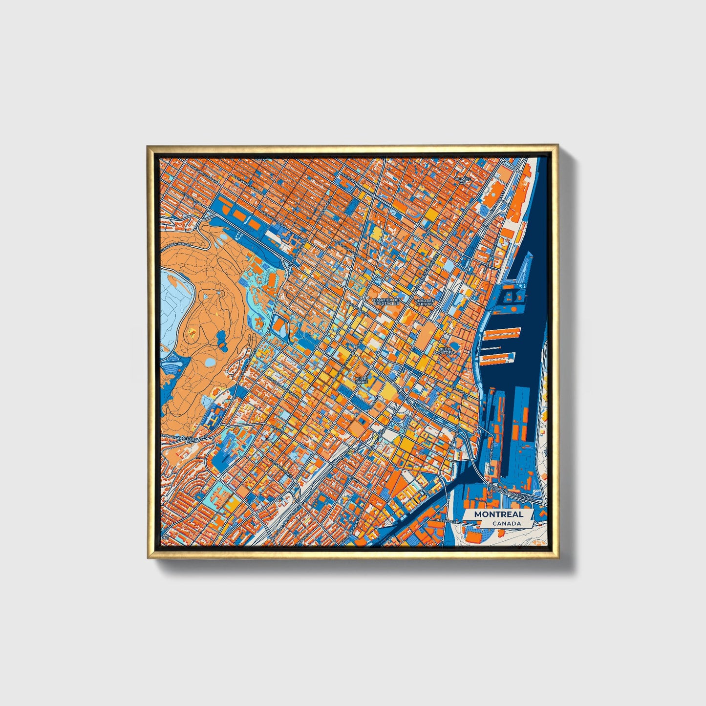 Montreal Canada Colorful City Map Canvas Print • Gold Framed