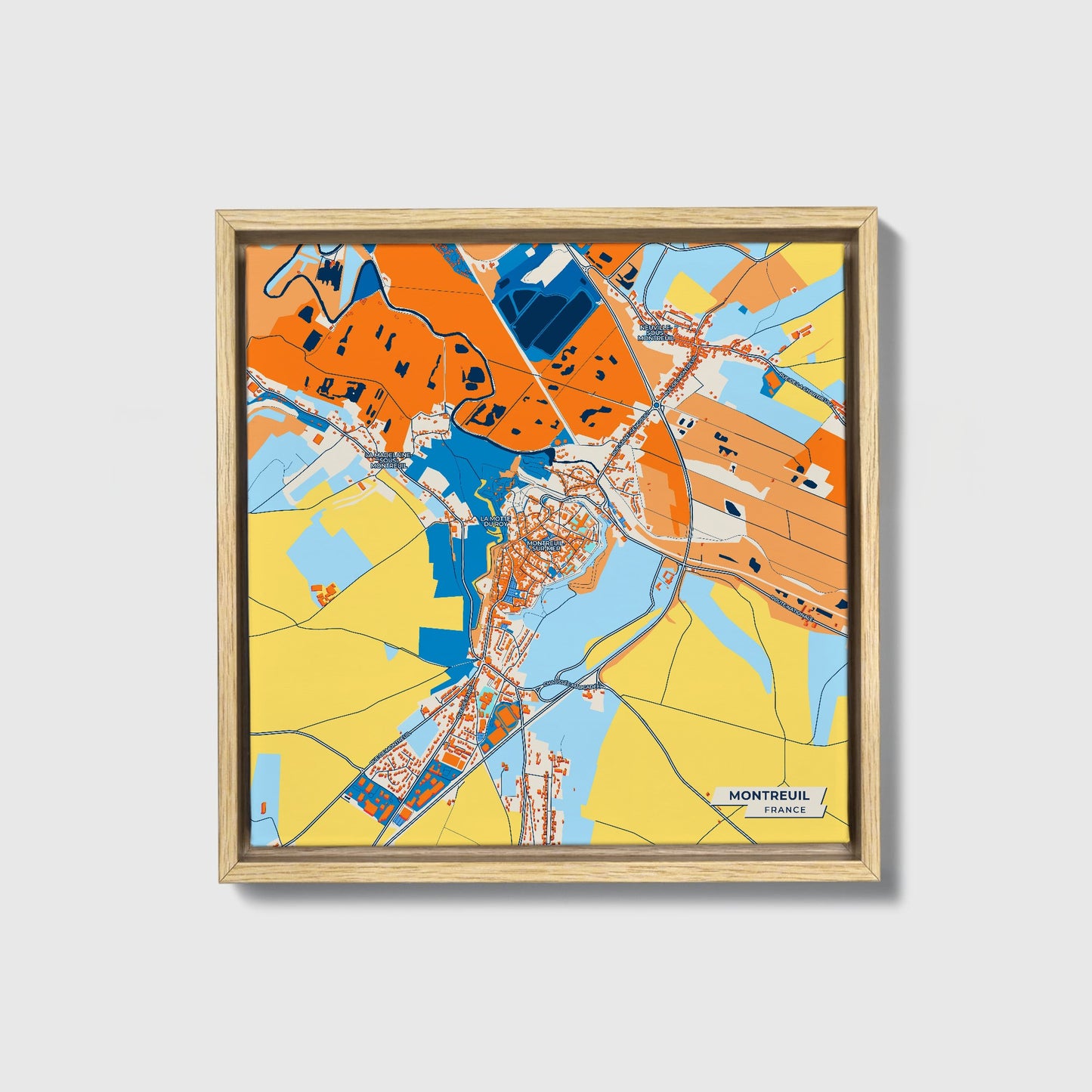 Montreuil France Colorful City Map Canvas Print • Natural Wooden Framed