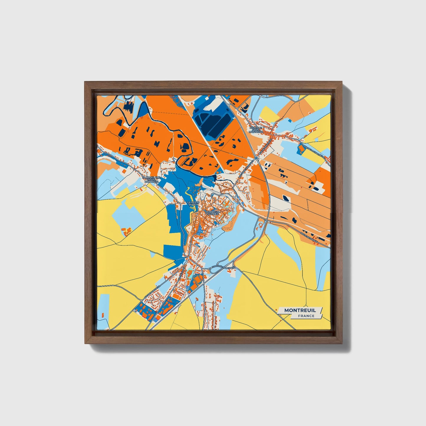 Montreuil France Colorful City Map Canvas Print • Dark Wooden Framed