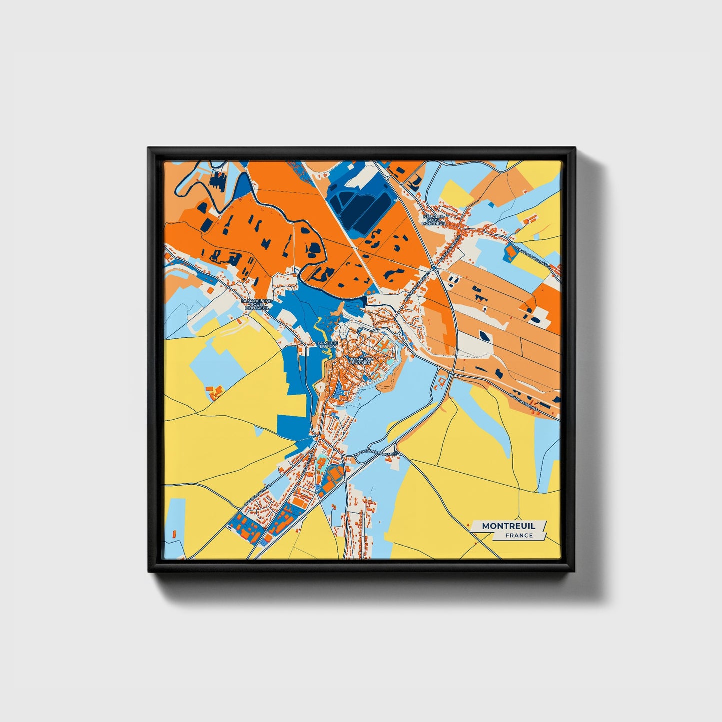 Montreuil France Colorful City Map Canvas Print • Black Framed