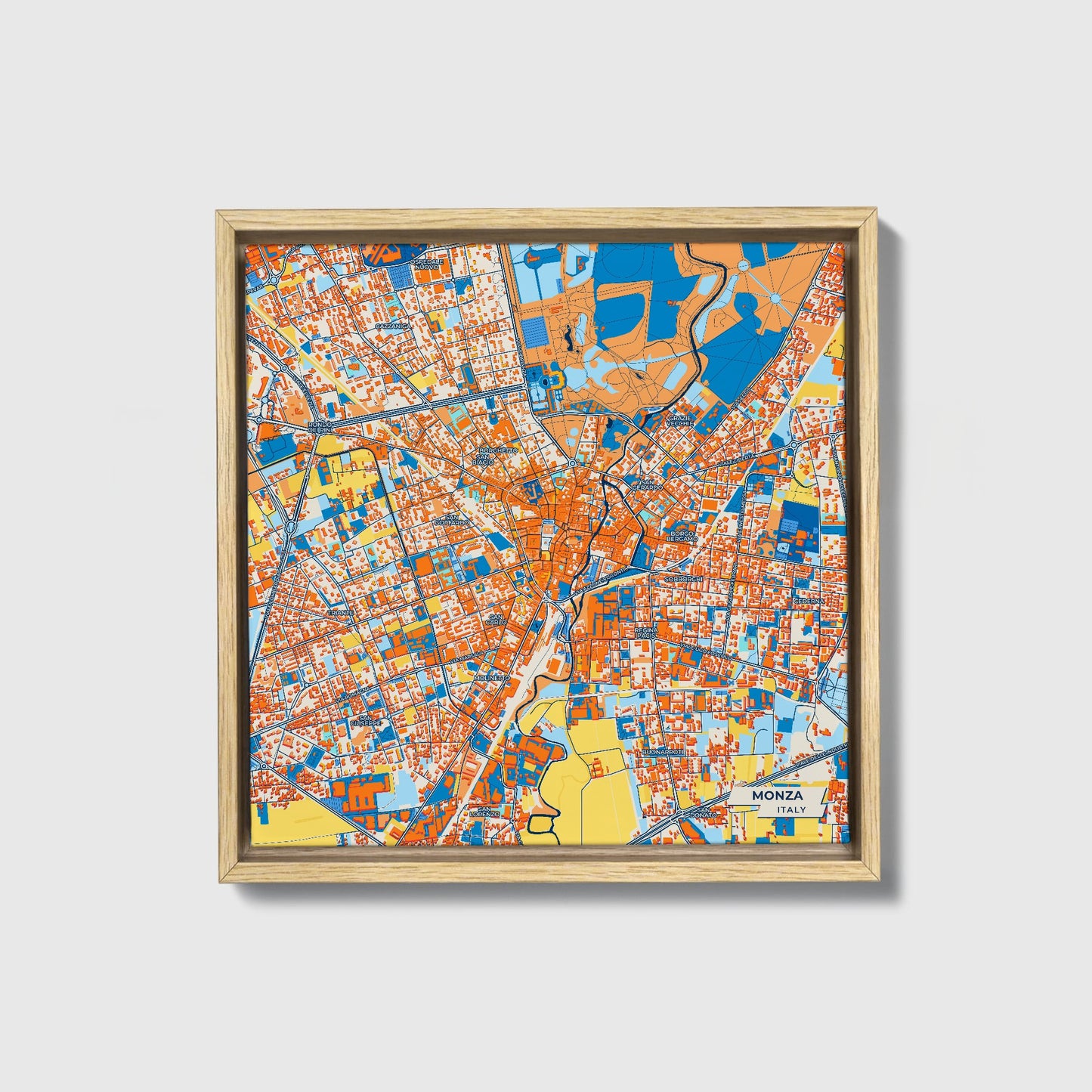Monza Italy Colorful City Map Canvas Print • Natural Wooden Framed