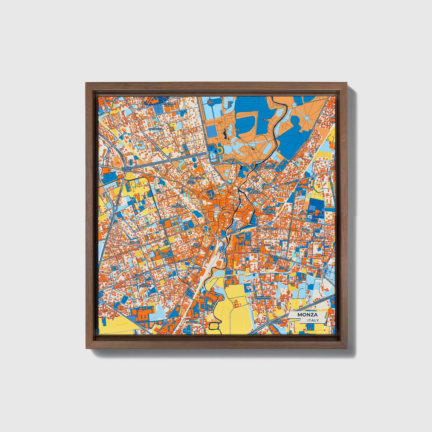 Monza Italy Colorful City Map Canvas Print • Dark Wooden Framed