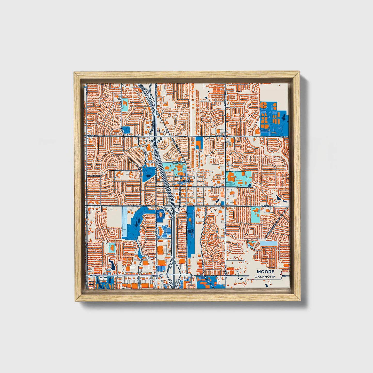 Moore Oklahoma Colorful City Map Canvas Print • Natural Wooden Framed