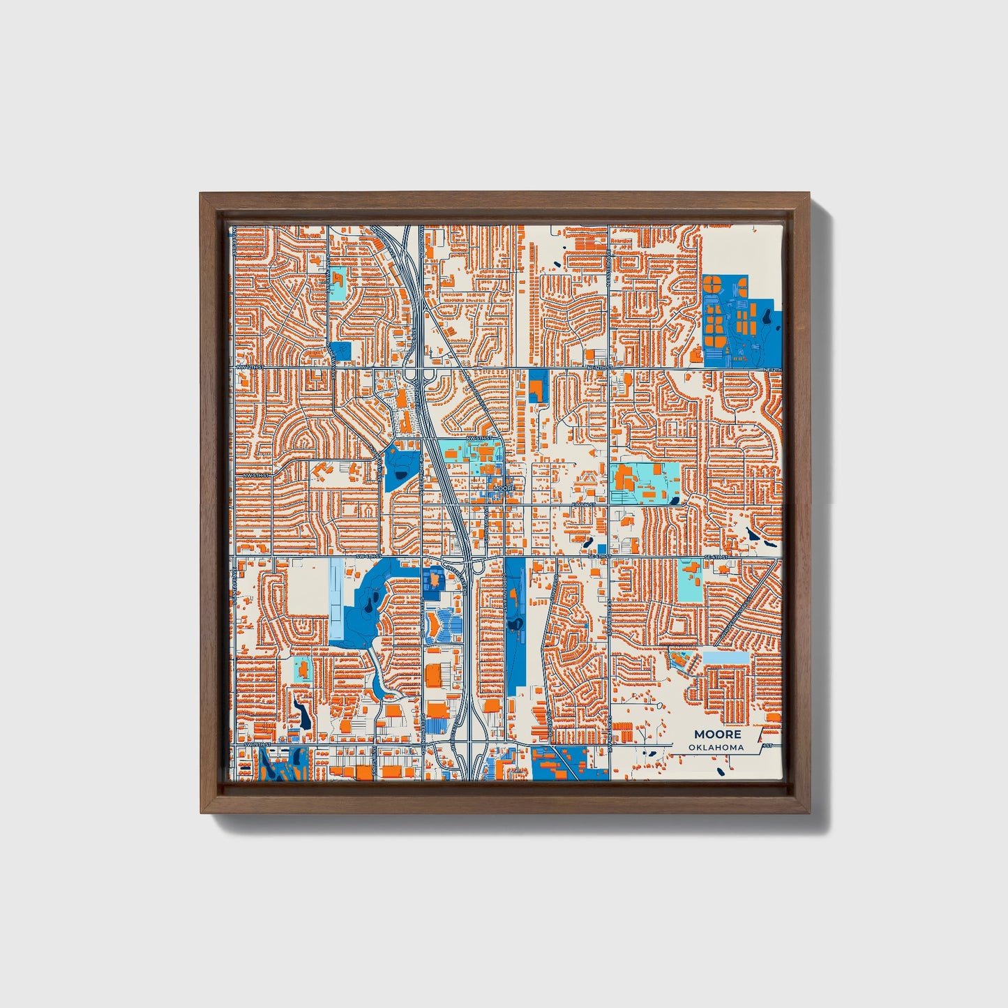 Moore Oklahoma Colorful City Map Canvas Print • Dark Wooden Framed