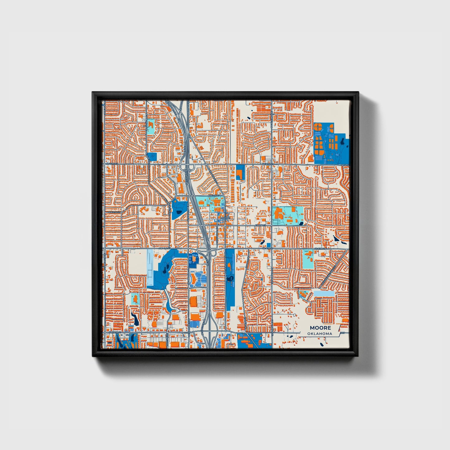 Moore Oklahoma Colorful City Map Canvas Print • Black Framed