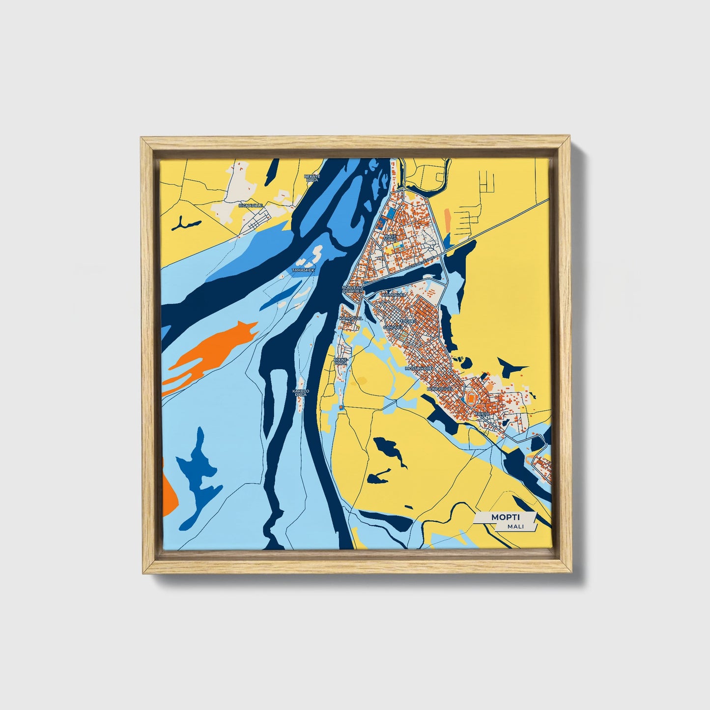 Mopti Mali Colorful City Map Canvas Print • Natural Wooden Framed