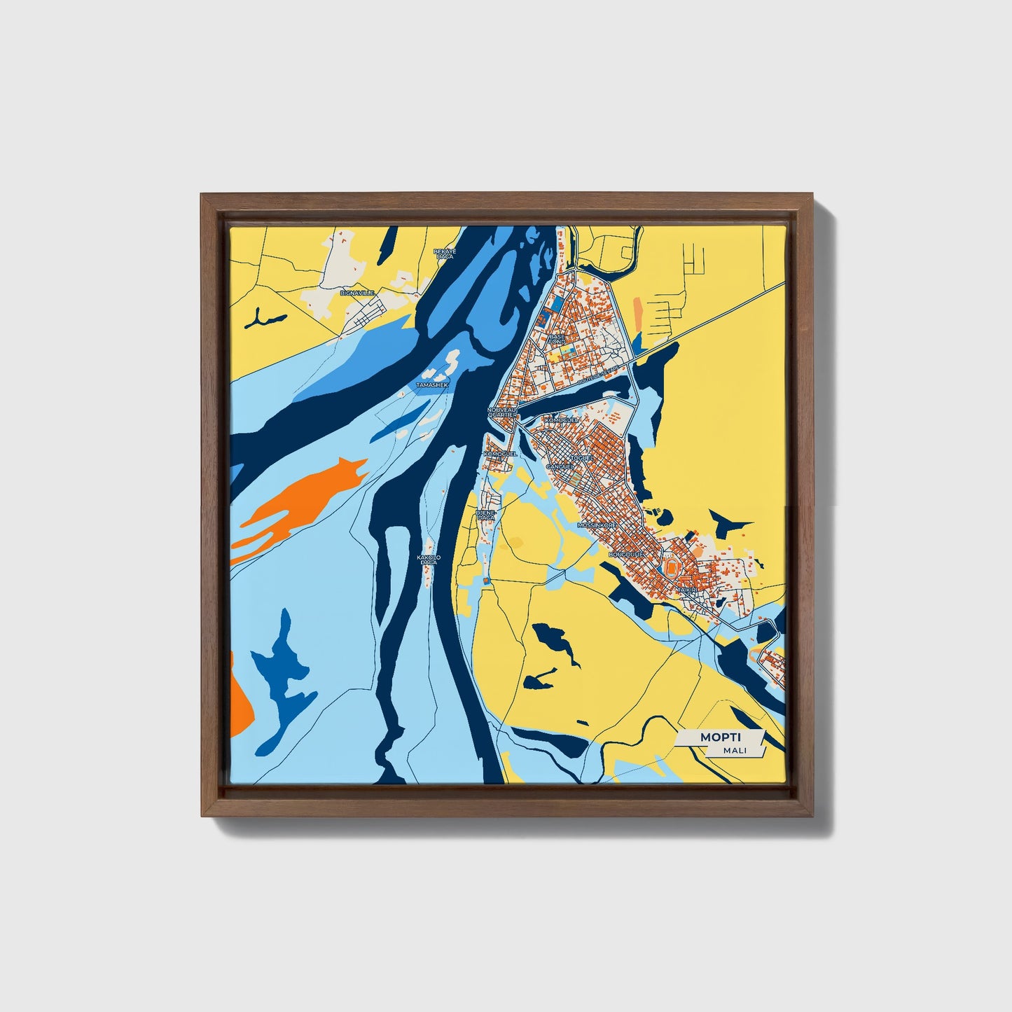 Mopti Mali Colorful City Map Canvas Print • Dark Wooden Framed