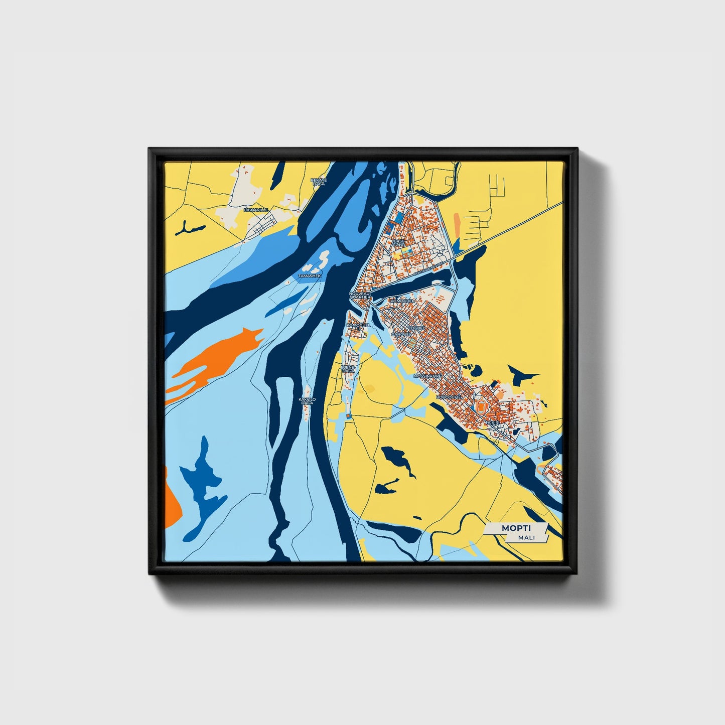 Mopti Mali Colorful City Map Canvas Print • Black Framed