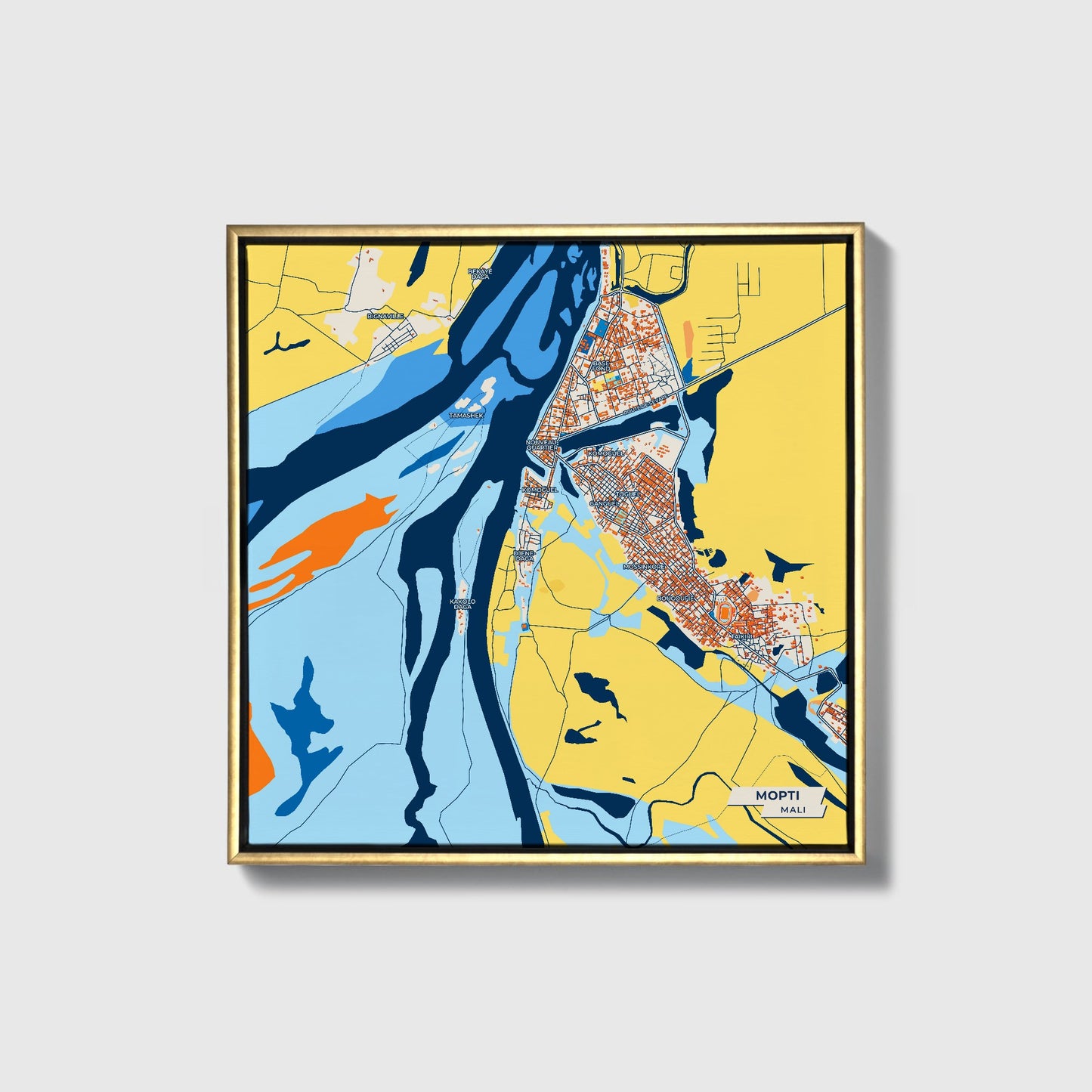Mopti Mali Colorful City Map Canvas Print • Gold Framed