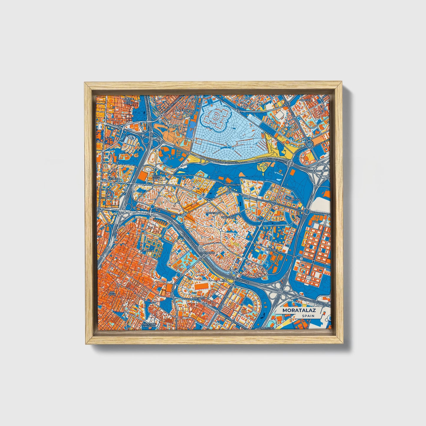 Moratalaz Spain Colorful City Map Canvas Print • Natural Wooden Framed