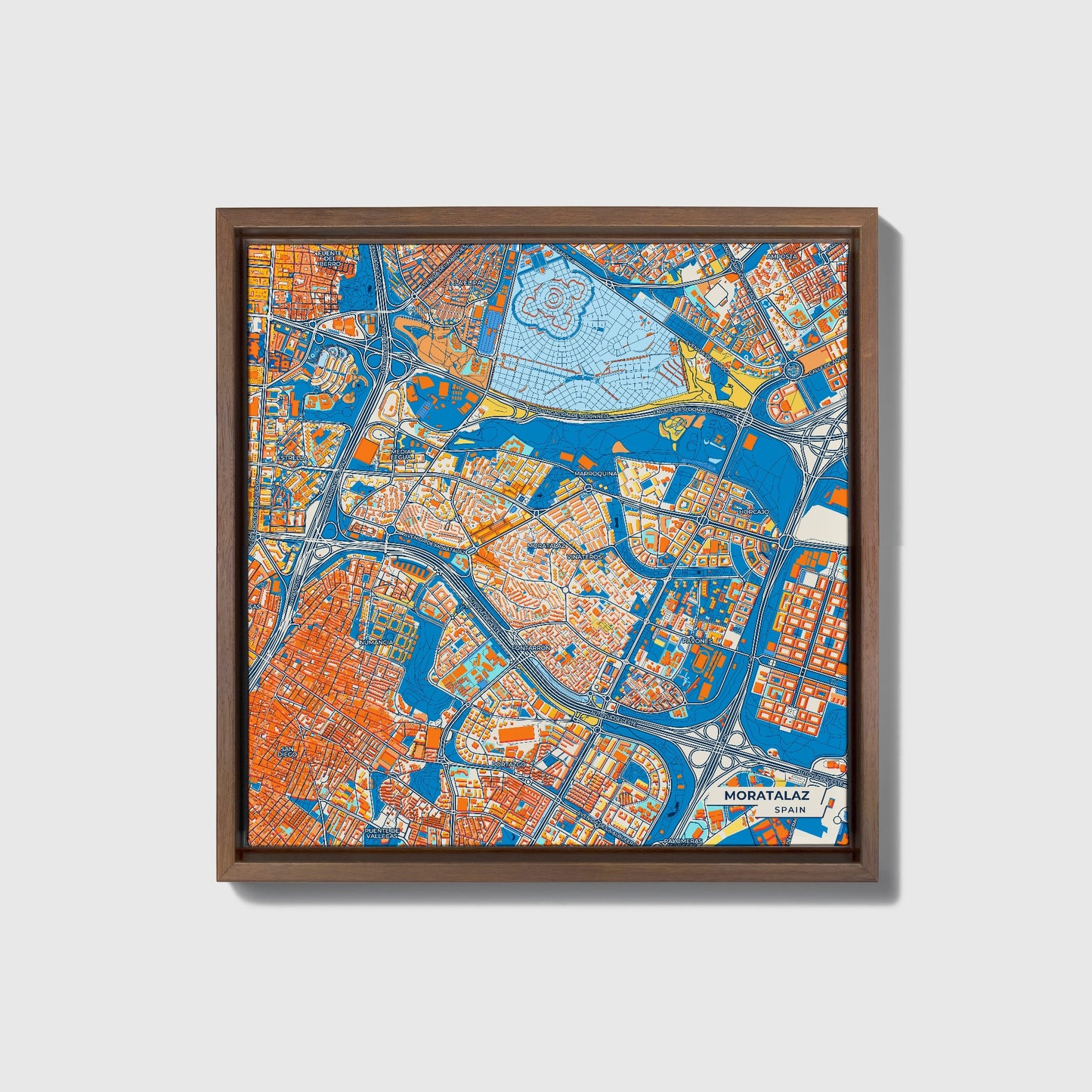 Moratalaz Spain Colorful City Map Canvas Print • Dark Wooden Framed