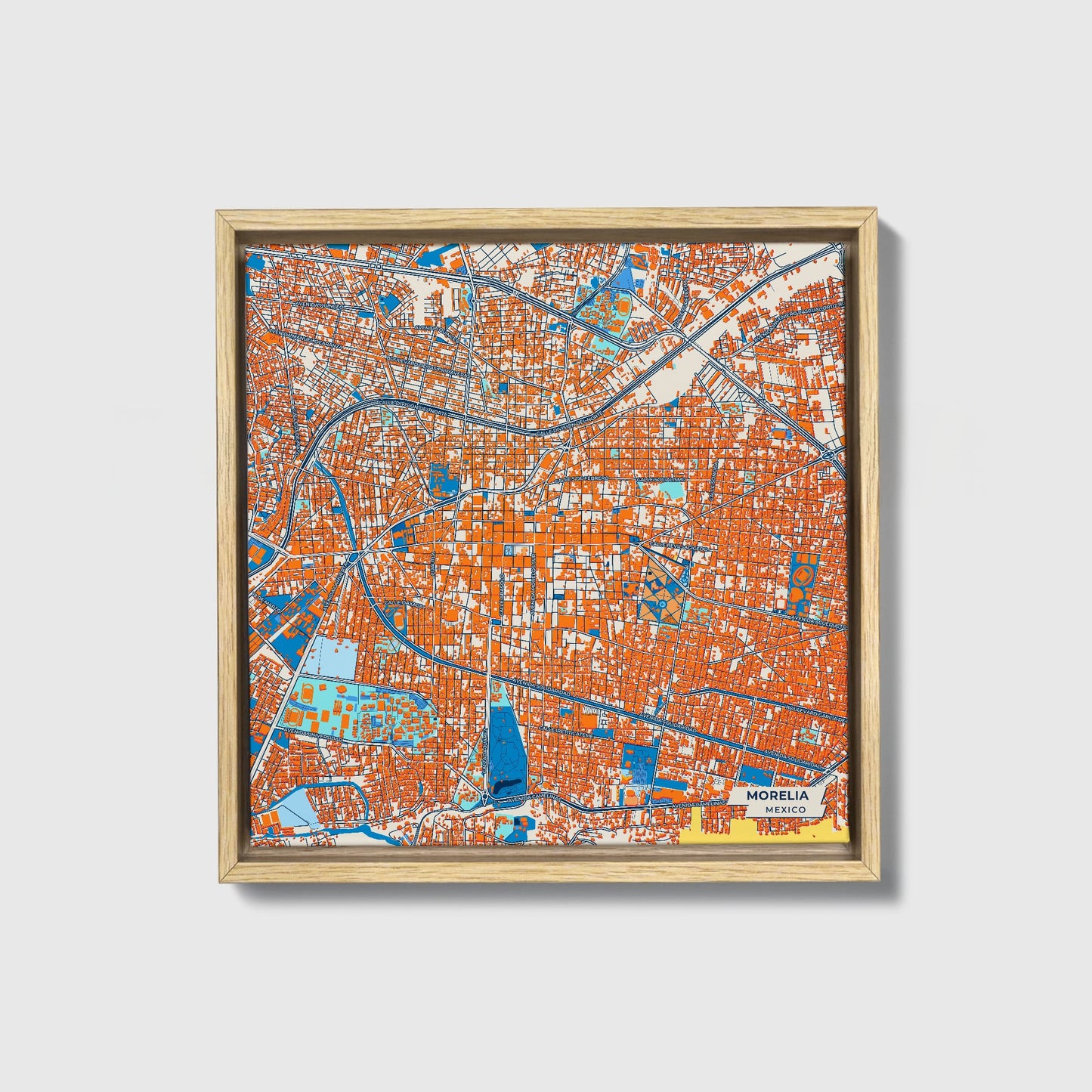 Morelia Mexico Colorful City Map Canvas Print • Natural Wooden Framed