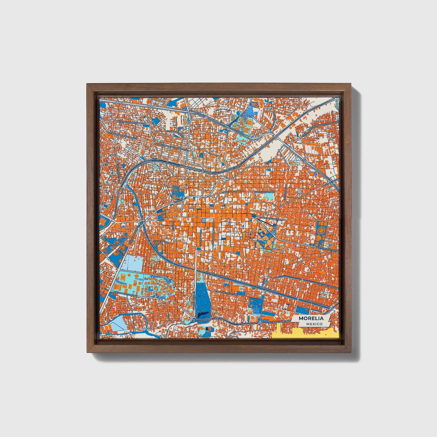 Morelia Mexico Colorful City Map Canvas Print • Dark Wooden Framed