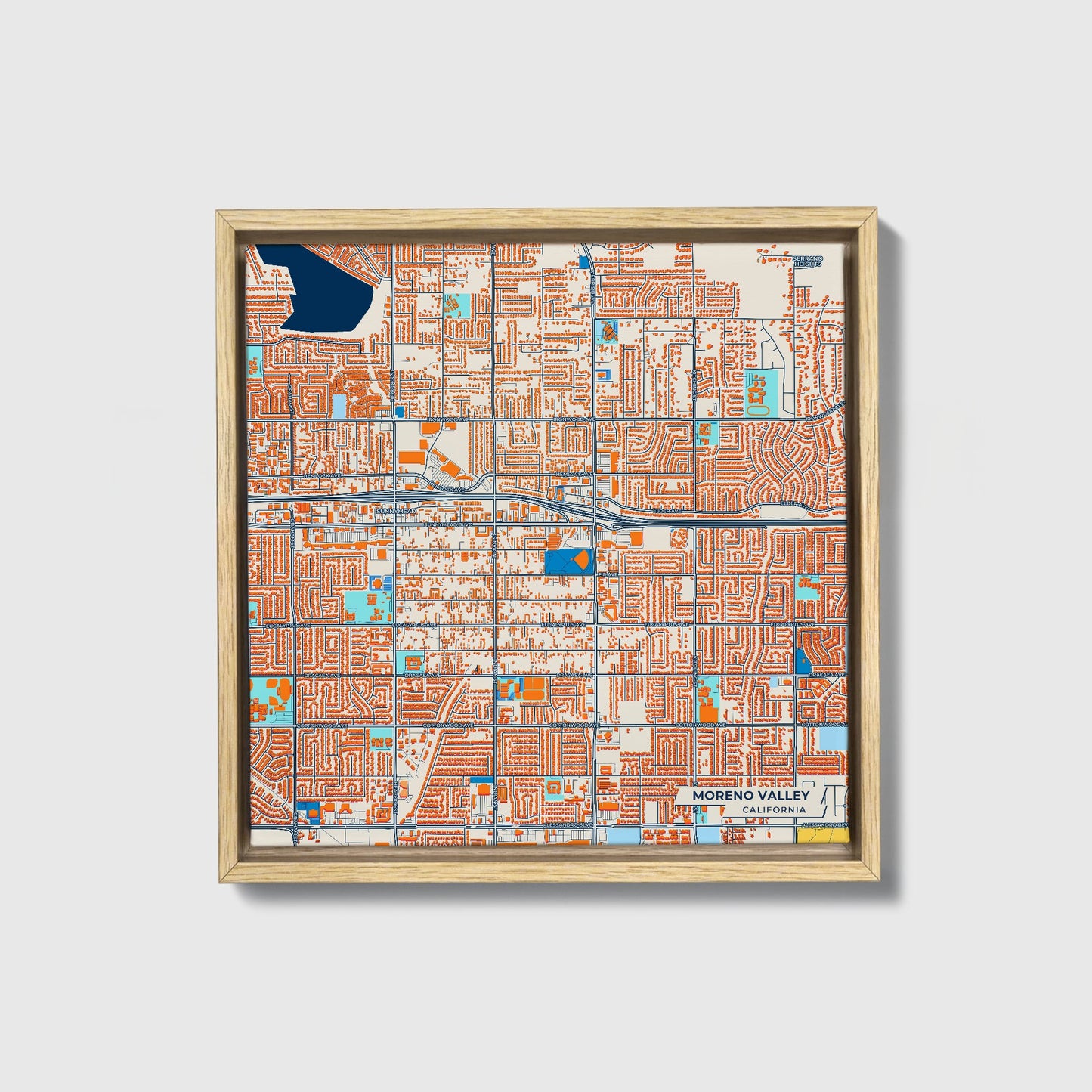 Moreno Valley California Colorful City Map Canvas Print • Natural Wooden Framed