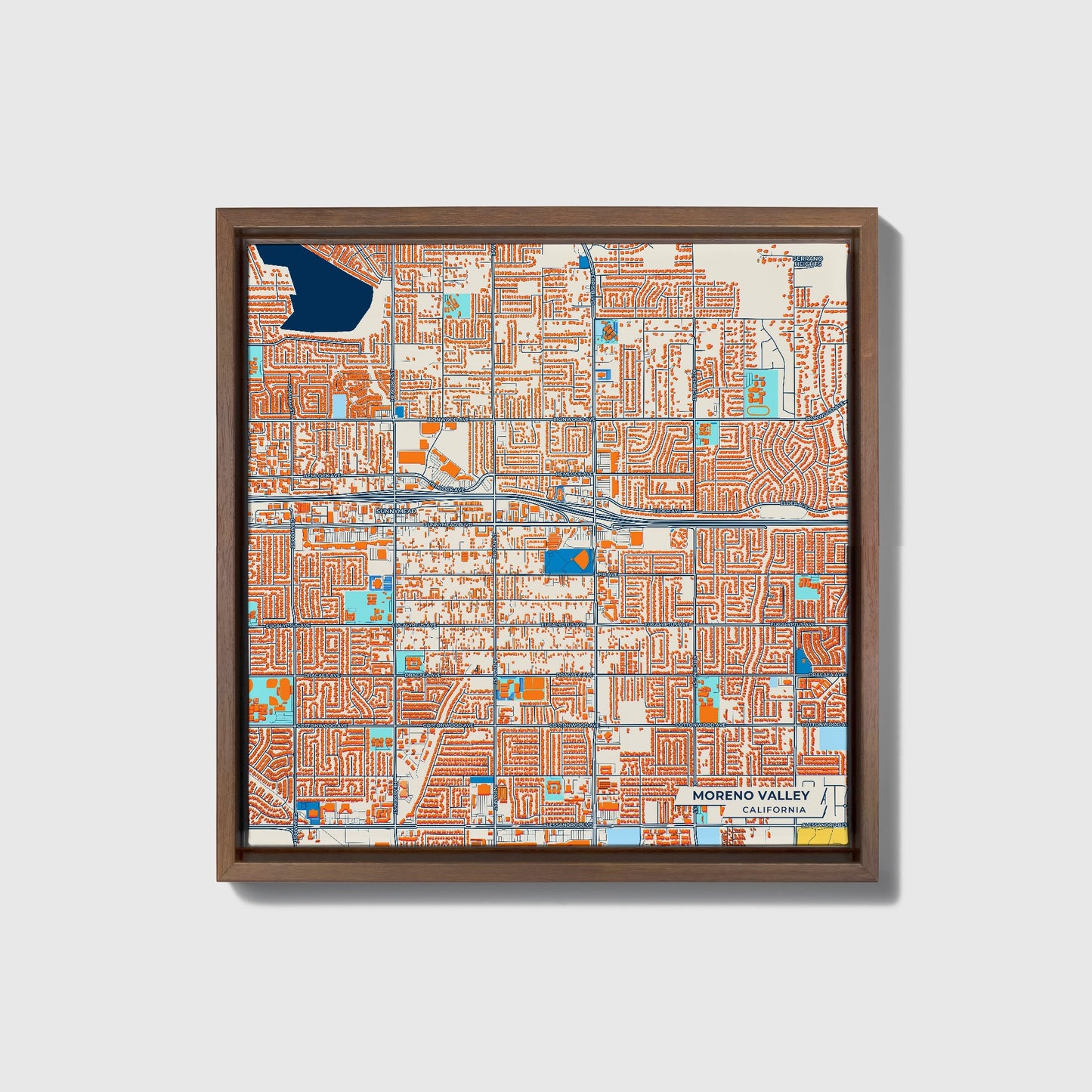 Moreno Valley California Colorful City Map Canvas Print • Dark Wooden Framed