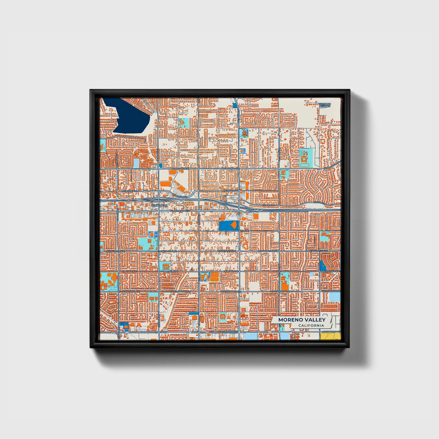 Moreno Valley California Colorful City Map Canvas Print • Black Framed