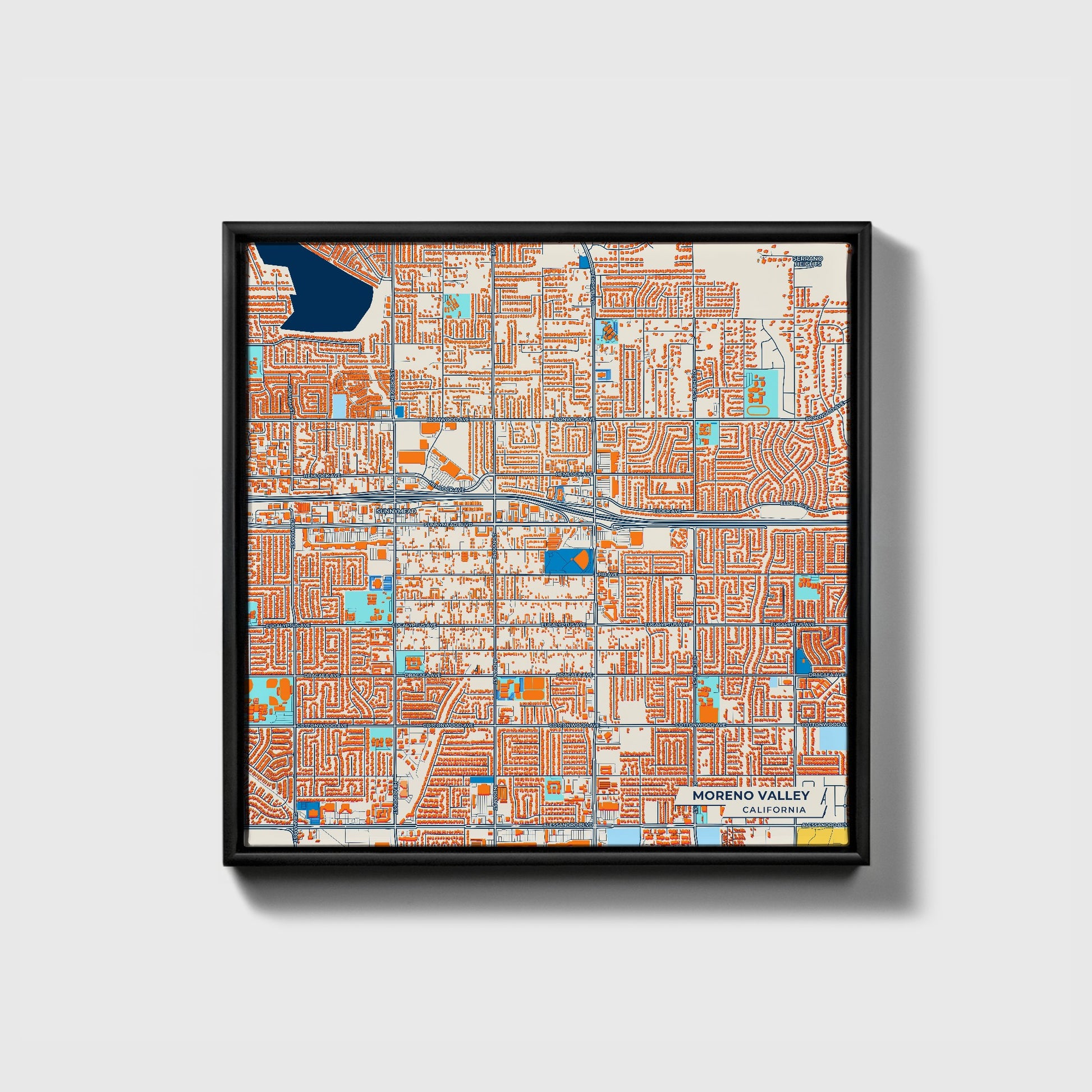 Moreno Valley California Colorful City Map Canvas Print • Black Framed