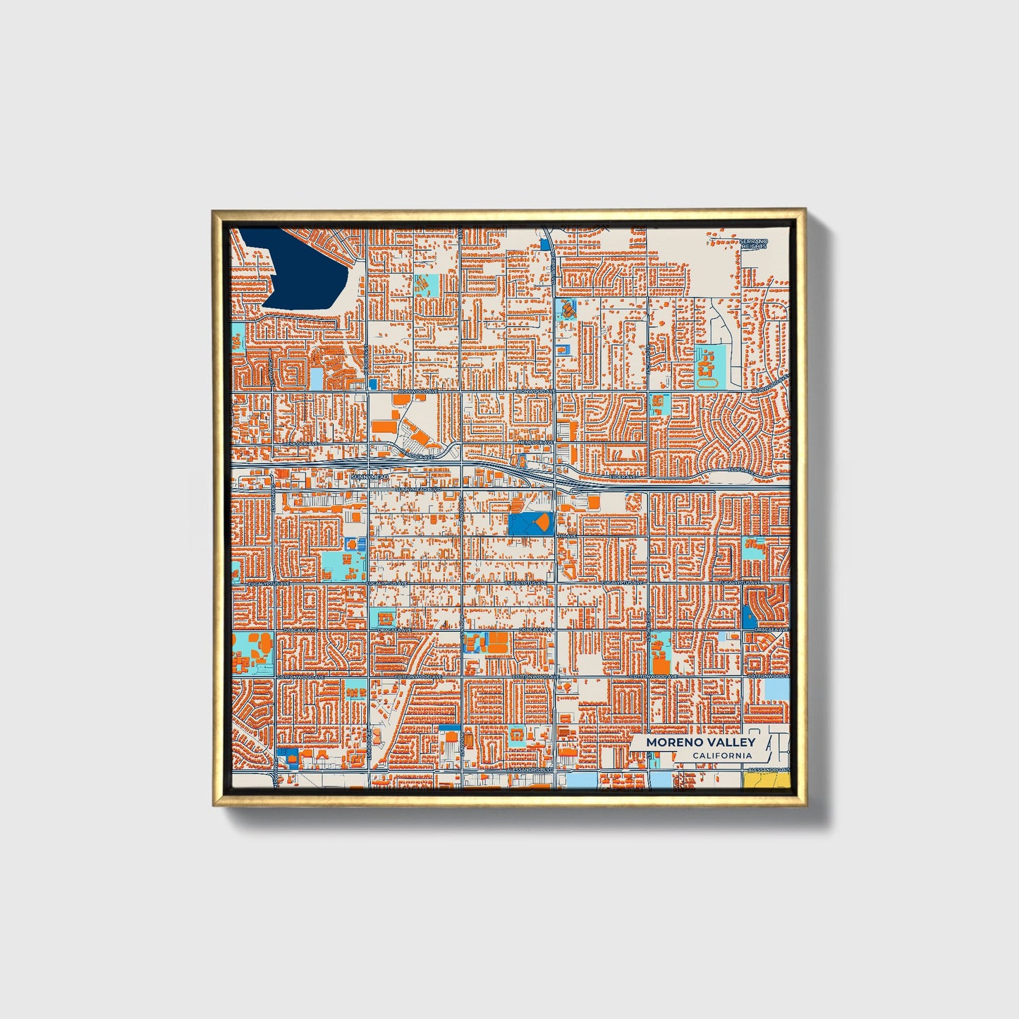Moreno Valley California Colorful City Map Canvas Print • Gold Framed