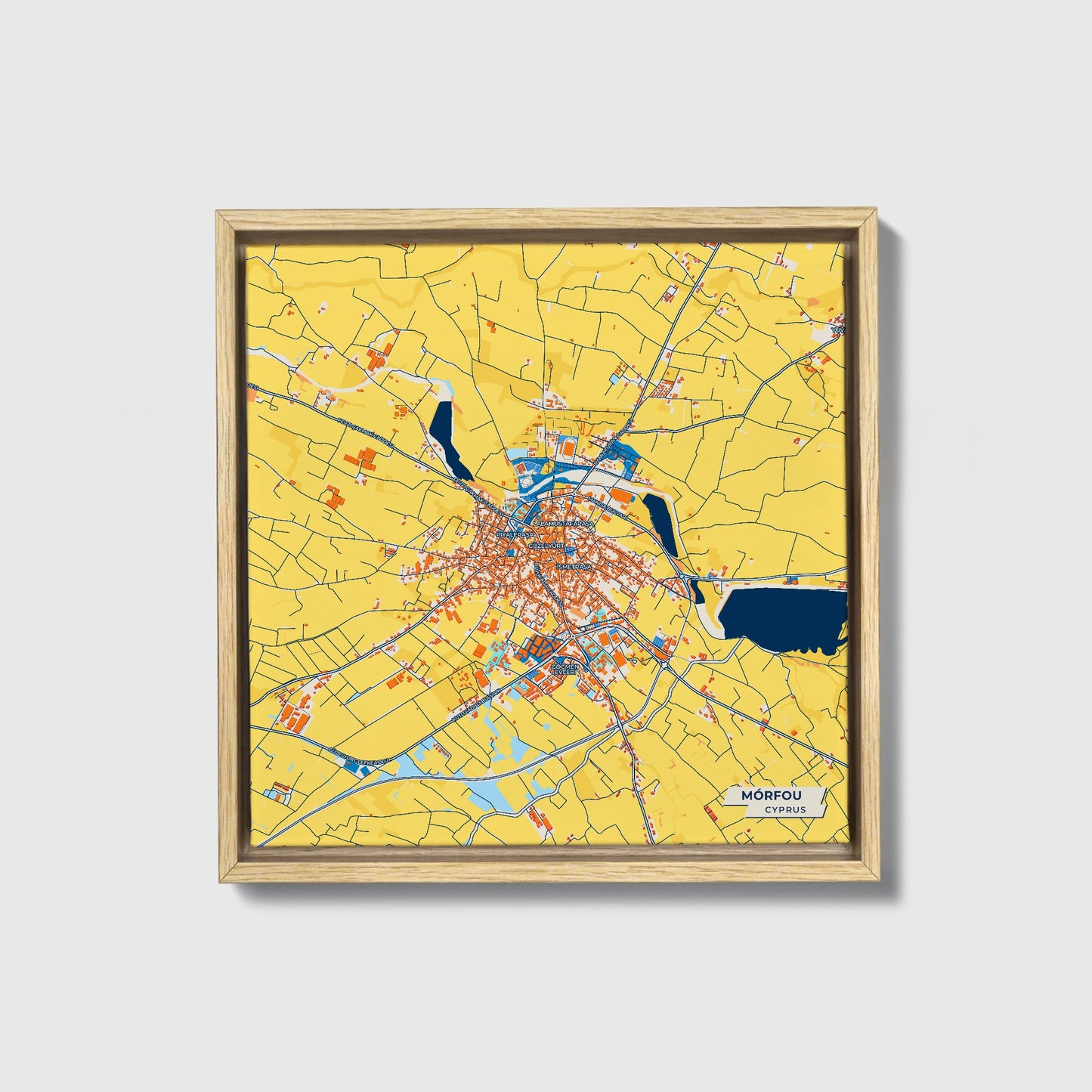 Mórfou   Cyprus Colorful City Map Canvas Print • Natural Wooden Framed