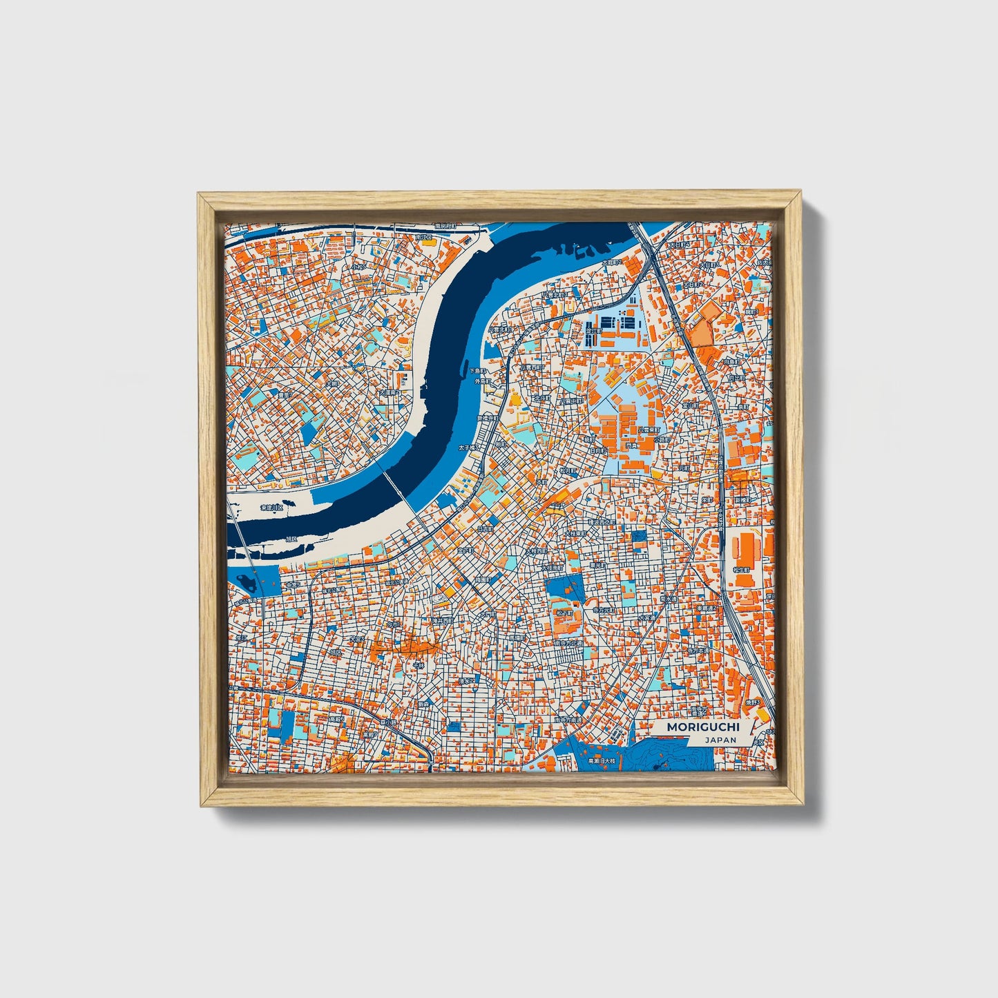 Moriguchi Japan Colorful City Map Canvas Print • Natural Wooden Framed