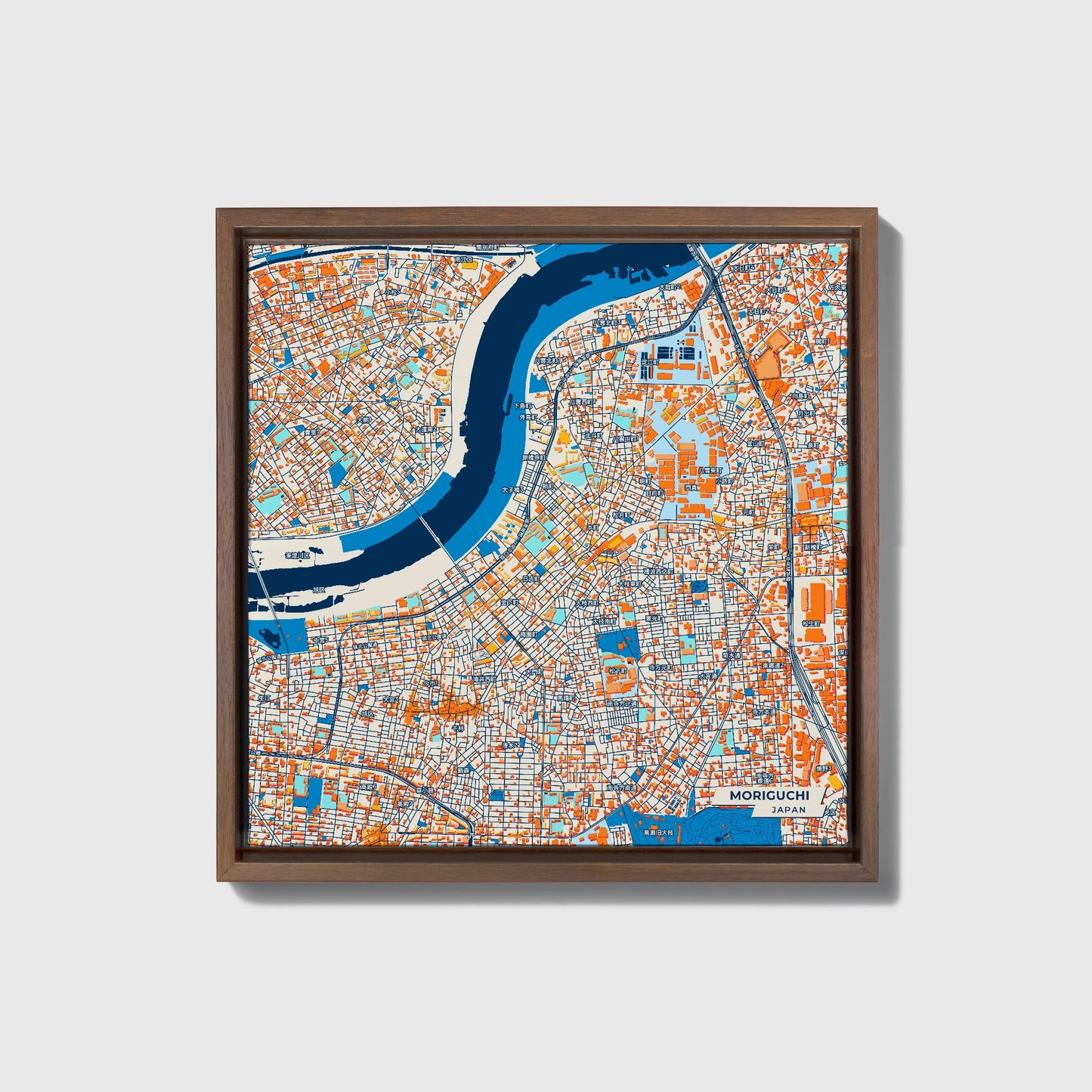 Moriguchi Japan Colorful City Map Canvas Print • Dark Wooden Framed