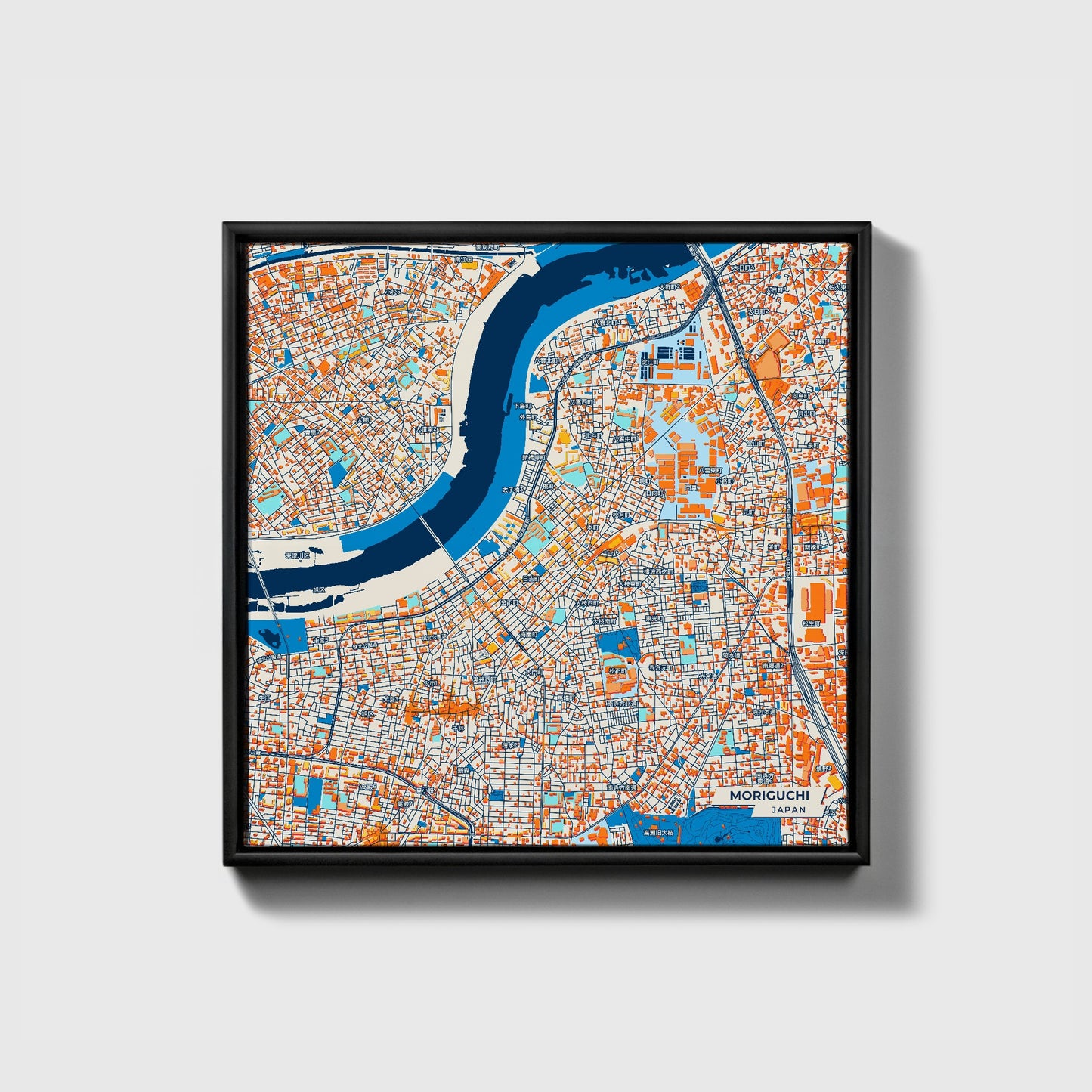 Moriguchi Japan Colorful City Map Canvas Print • Black Framed