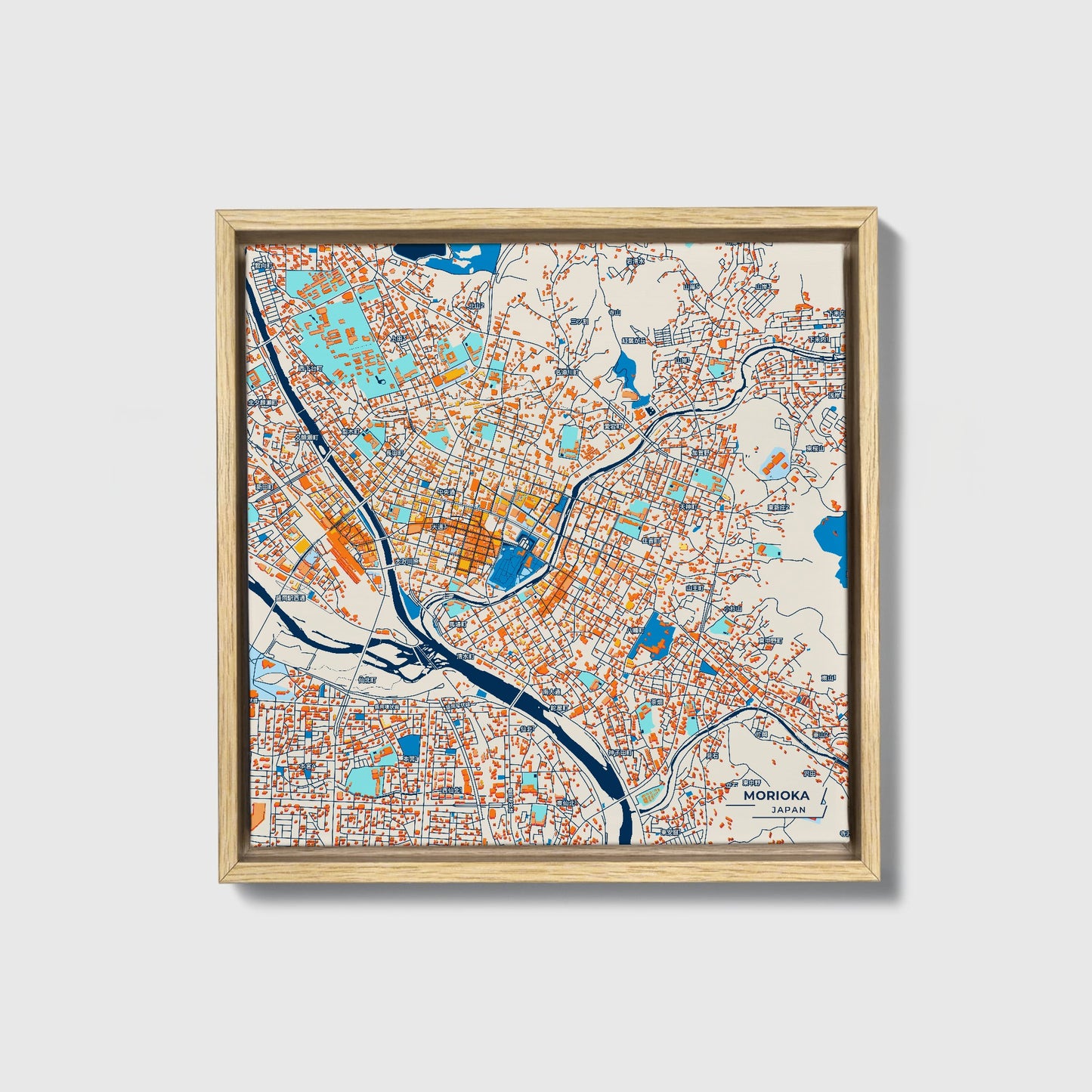 Morioka Japan Colorful City Map Canvas Print • Natural Wooden Framed