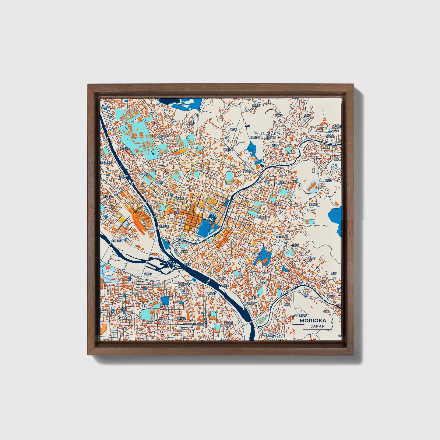 Morioka Japan Colorful City Map Canvas Print • Dark Wooden Framed