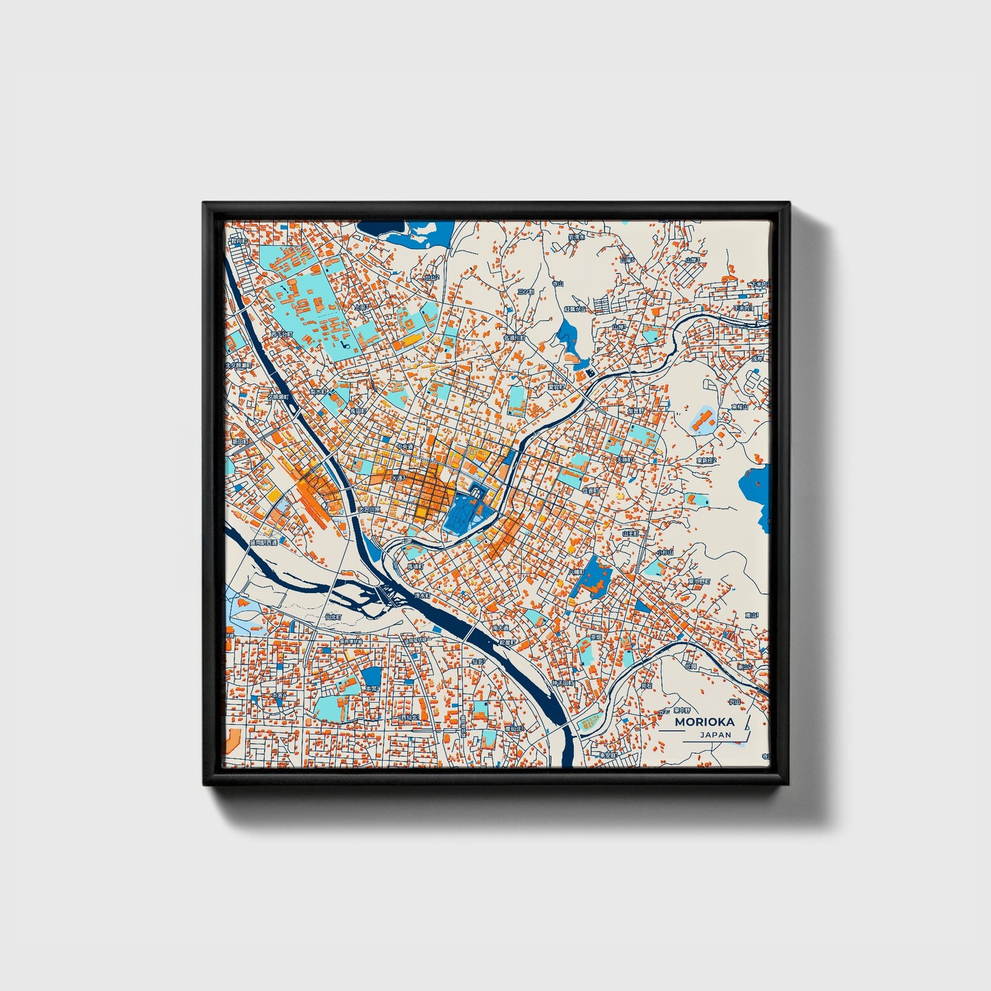 Morioka Japan Colorful City Map Canvas Print • Black Framed