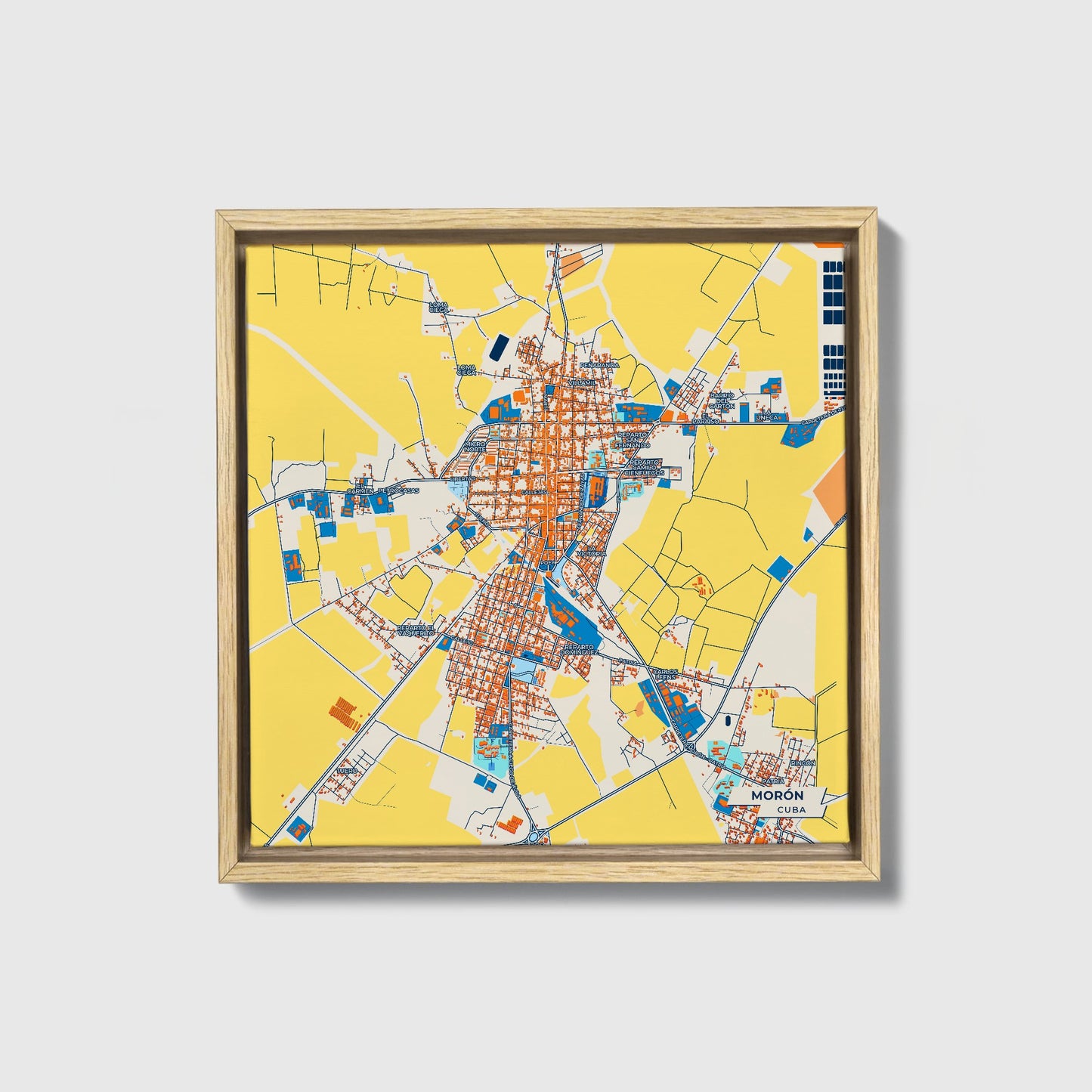 Morón Cuba Colorful City Map Canvas Print • Natural Wooden Framed