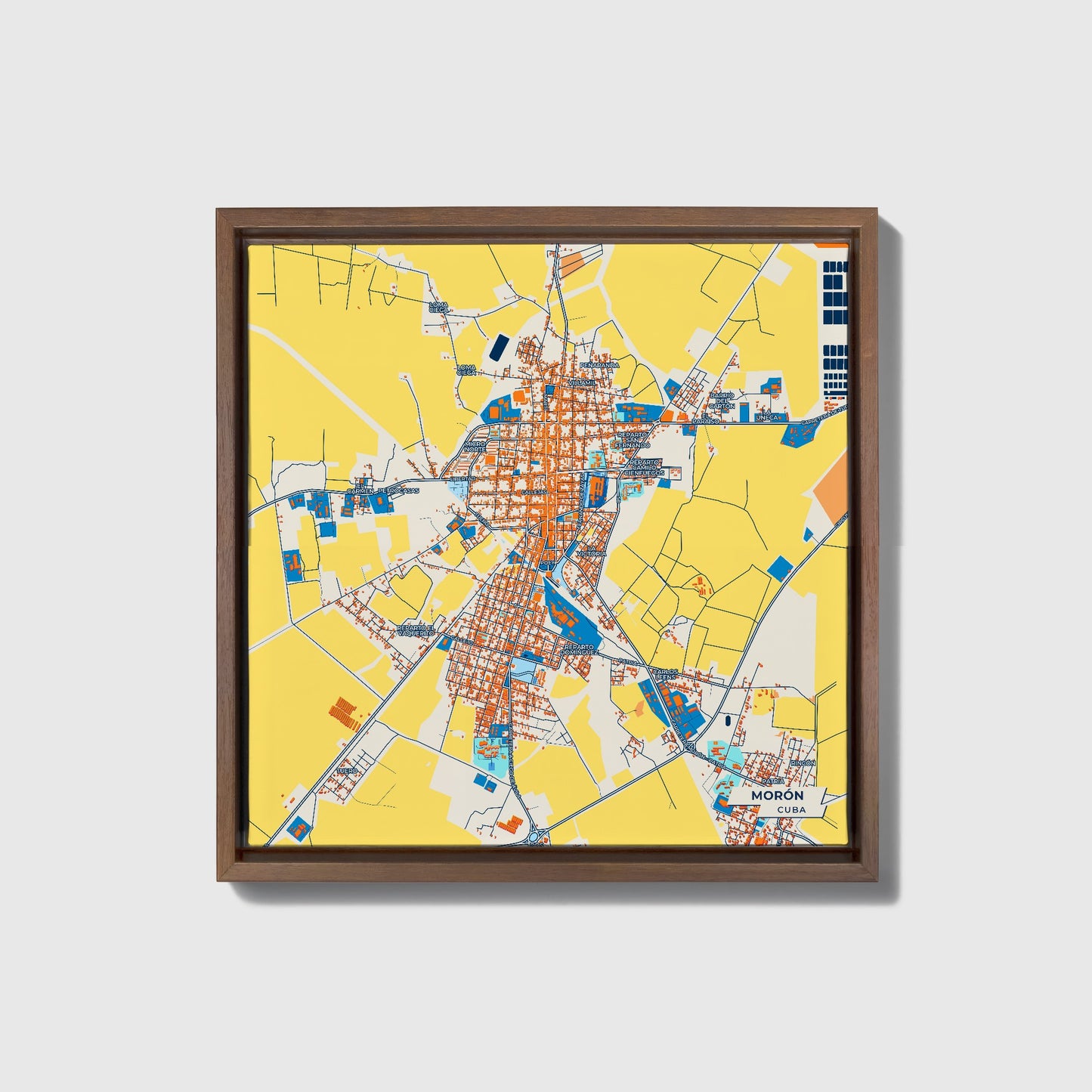 Morón Cuba Colorful City Map Canvas Print • Dark Wooden Framed