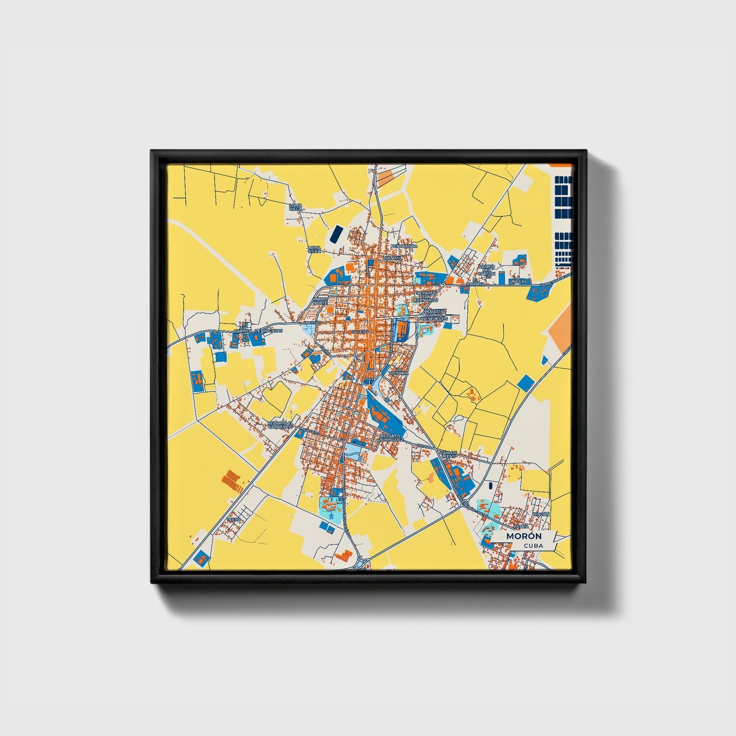 Morón Cuba Colorful City Map Canvas Print • Black Framed