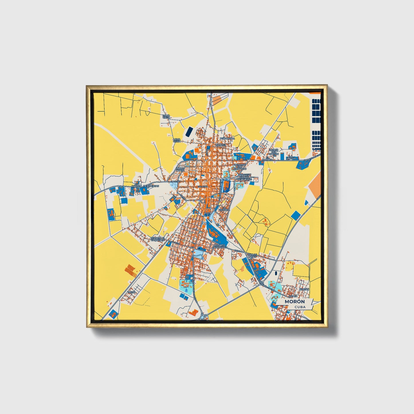 Morón Cuba Colorful City Map Canvas Print • Gold Framed